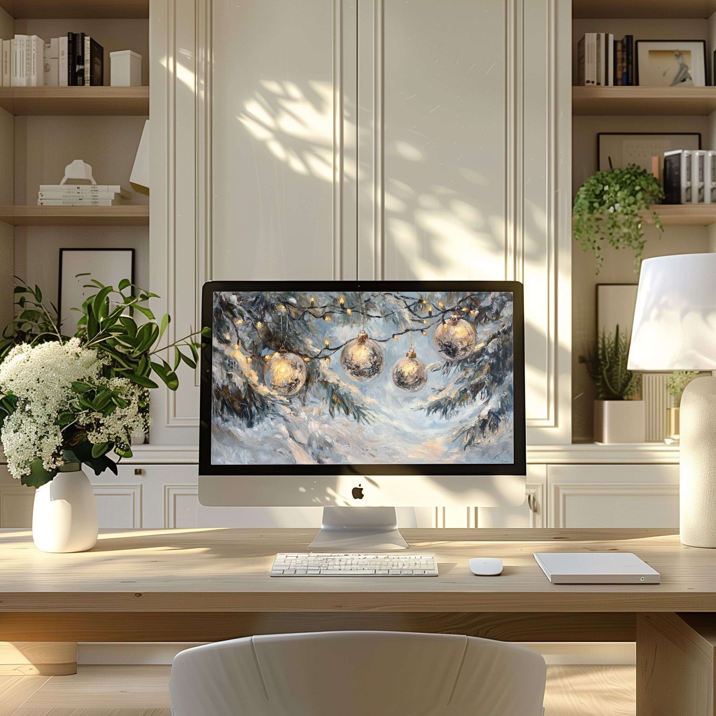 Elegant winter scene wallpaper for computer inspires calm in a modern home office setting, ideal for PC and laptop use