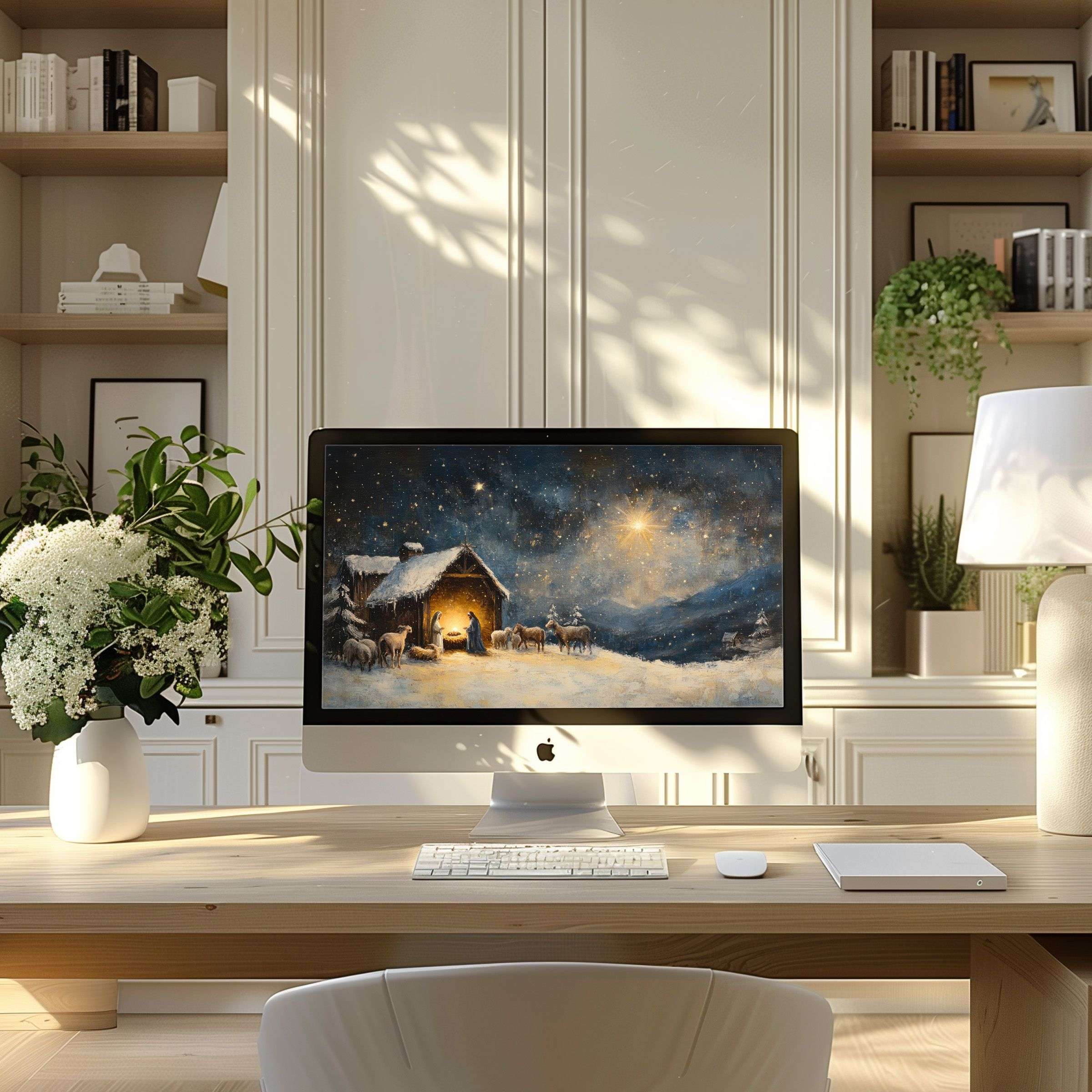 Elegant nativity scene wallpaper for computer inspires calm and beauty on PC and laptop screens in modern minimalist home office
