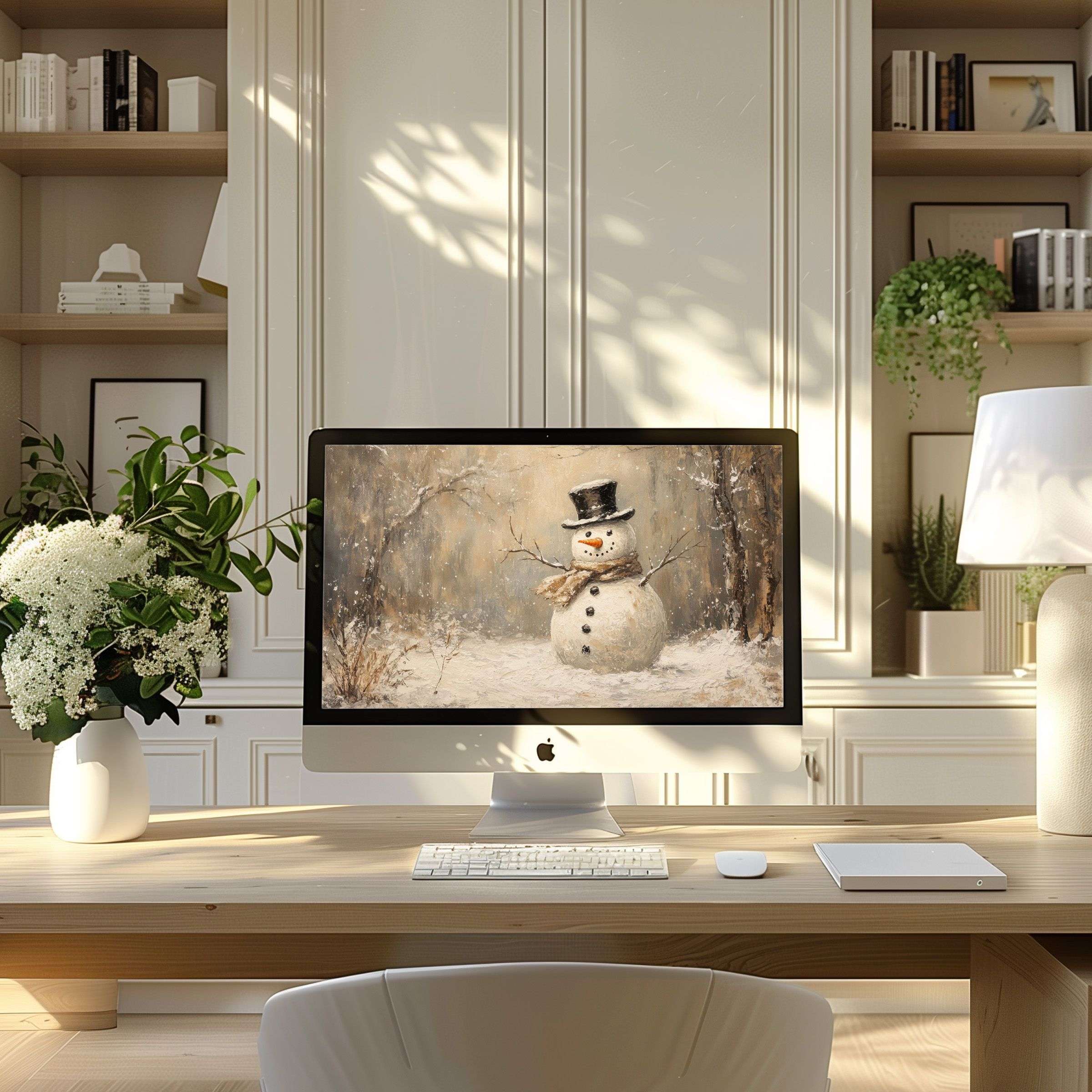 Inspiring digital snowman art wallpaper for computer or laptop enhances elegance in a modern, calm home office setting