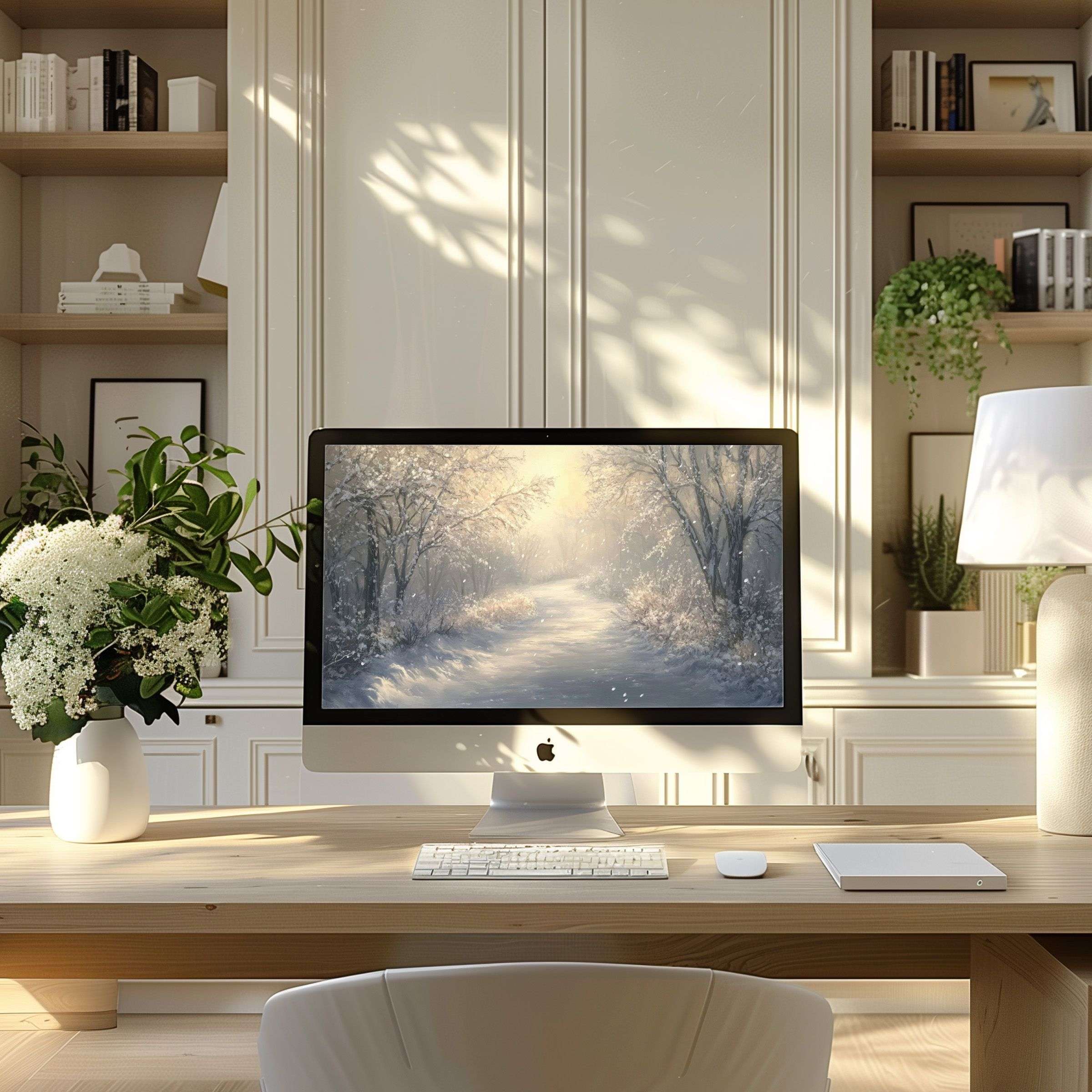 Elegant winter-themed wallpaper for computer creates calm inspiration in modern home office setting, fits PC and Laptop use