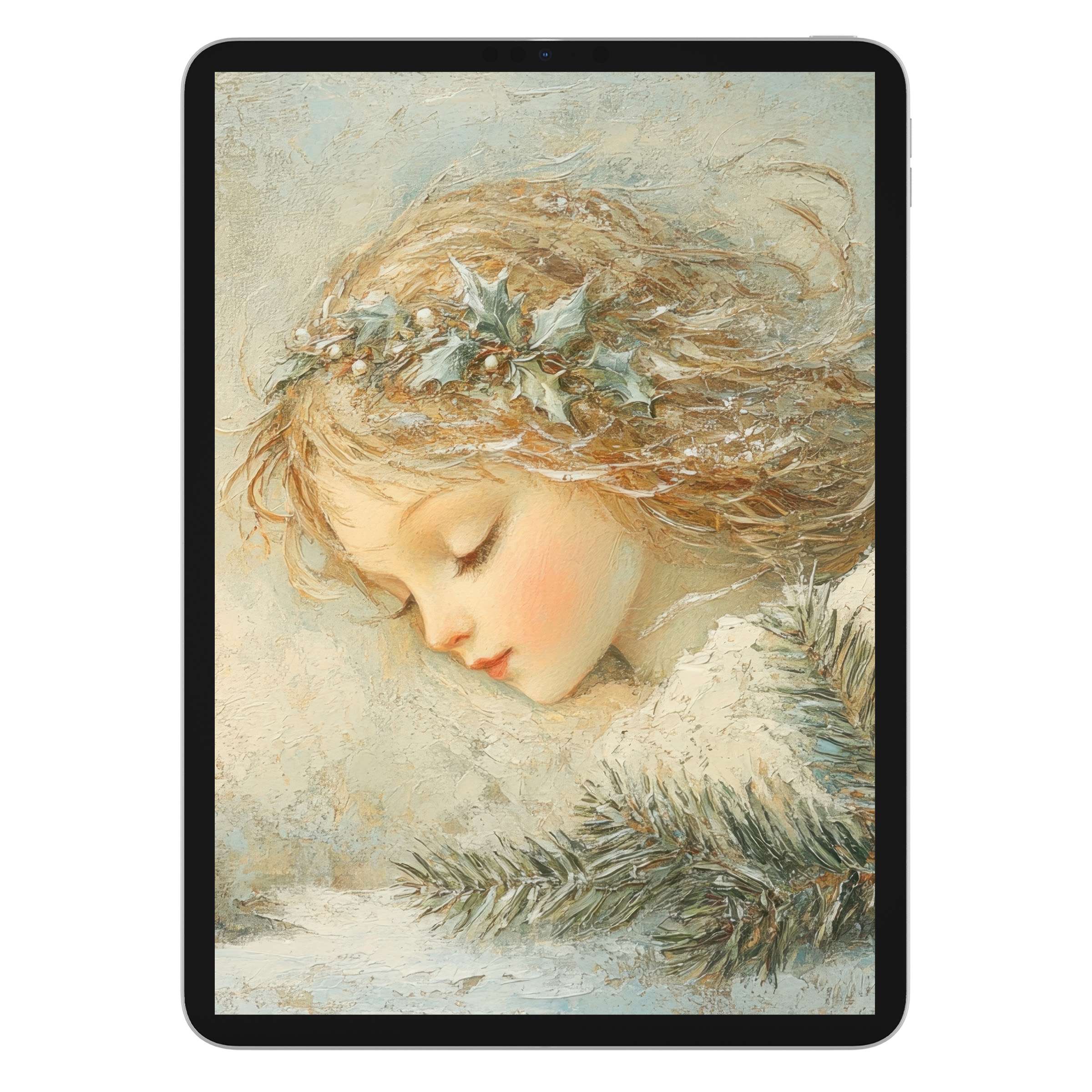 Gentle portrait of a serene child with holly in hair enhances your christmas iPad wallpaper digital download for elegant tablet backgrounds