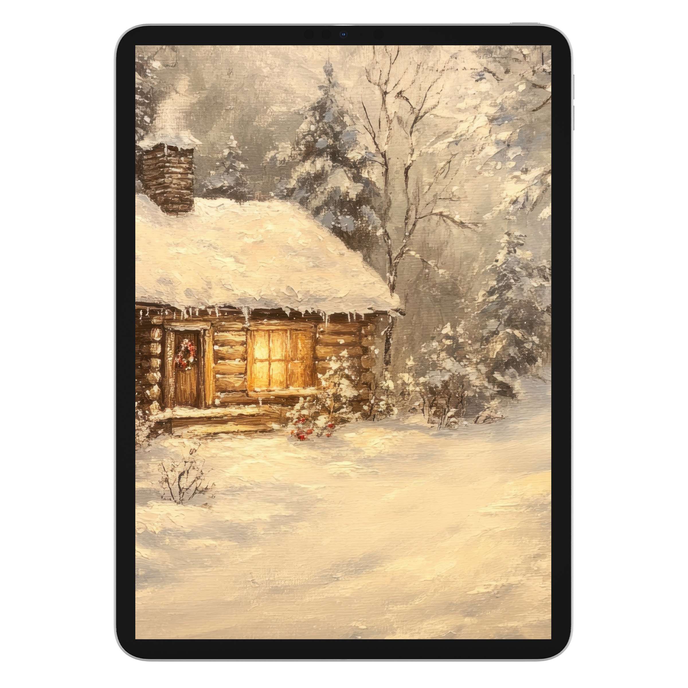 Cozy snowy cabin scene as christmas iPad wallpaper, perfect digital download for serene tablet background with rustic charm