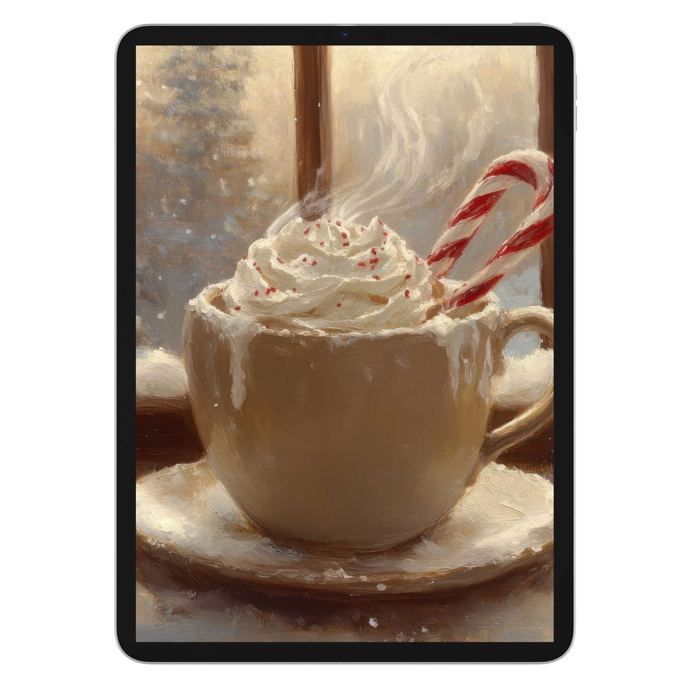 Cozy christmas iPad wallpaper featuring a steaming mug of cocoa with candy canes, ideal tablet background for digital download