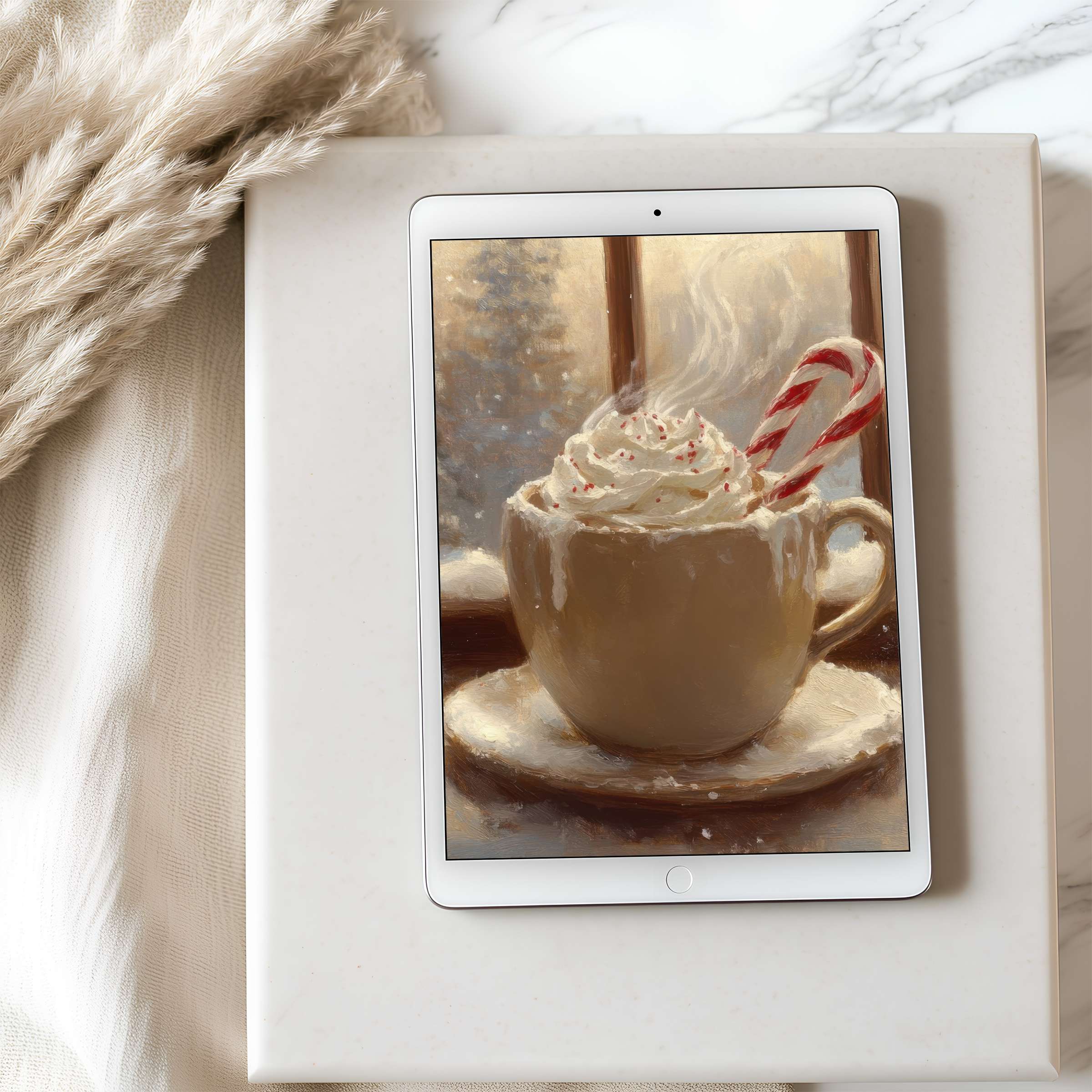 Cozy tablet wallpaper features a serene winter scene with a warm brown mug of cocoa, perfect as a high resolution digital download