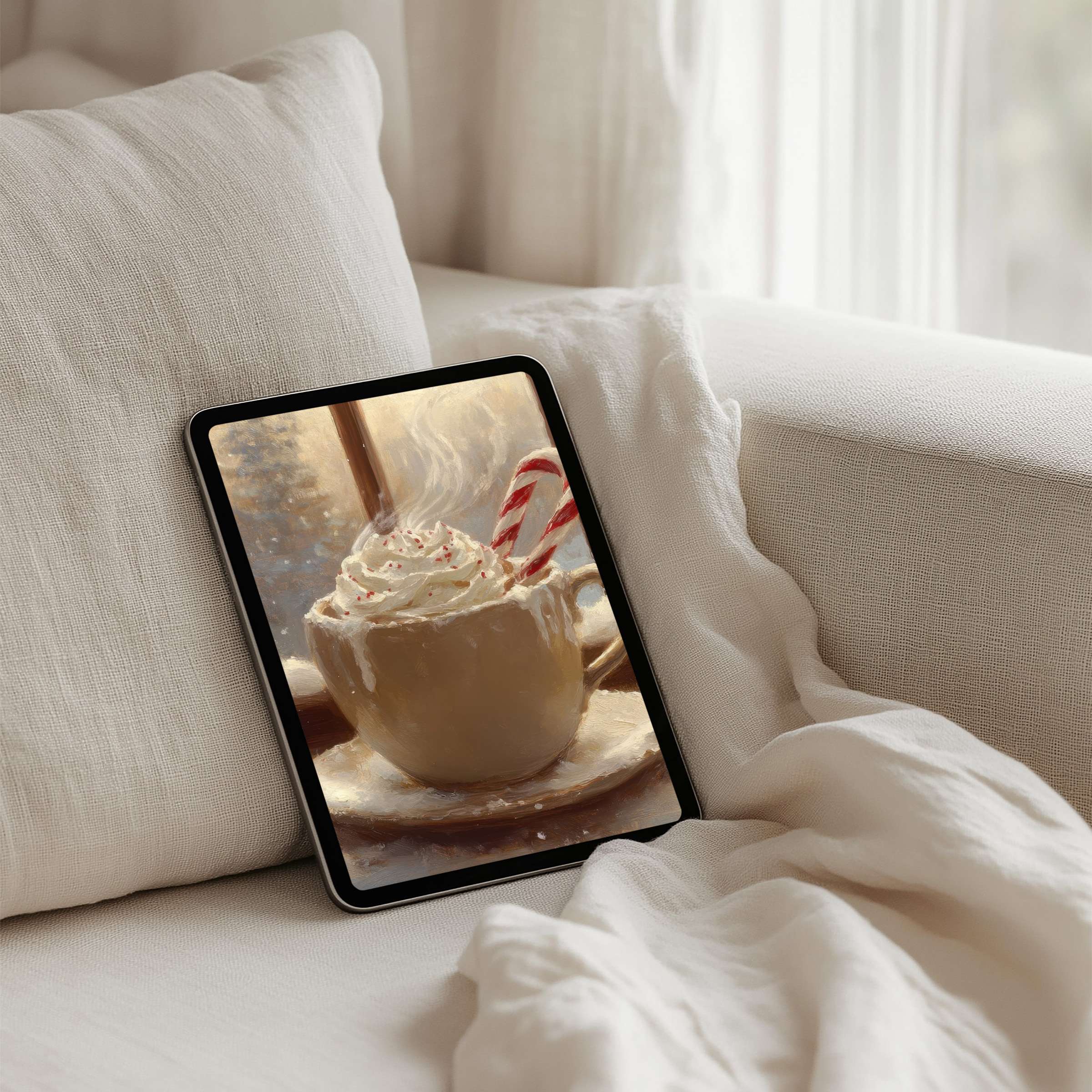 Cozy iPad background featuring a warm cup with whipped cream invites elegance and calm perfect for instant download on any tablet