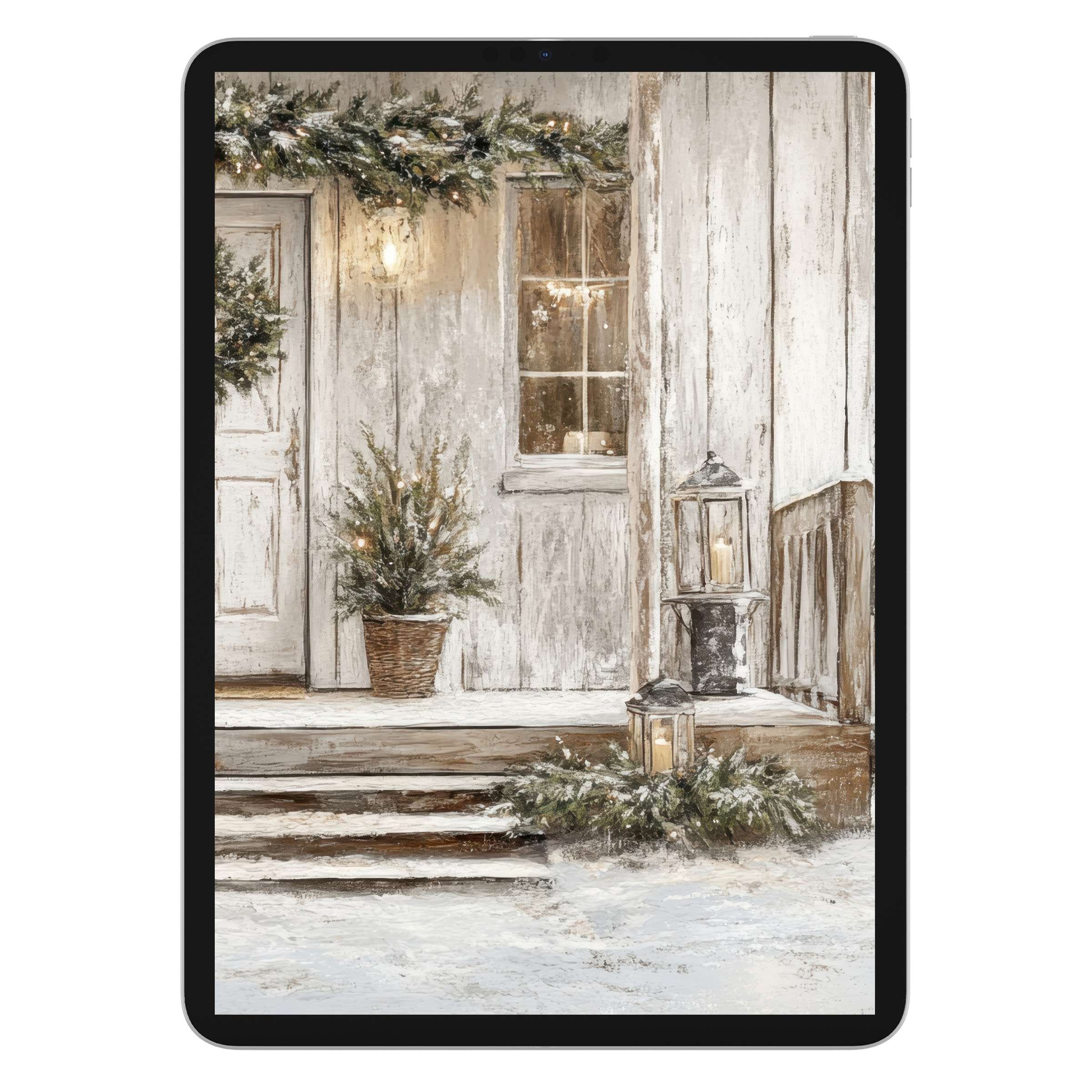 Charming winter landscape christmas iPad wallpaper for tablet background digital download serene, cozy rustic porch ideal for Android