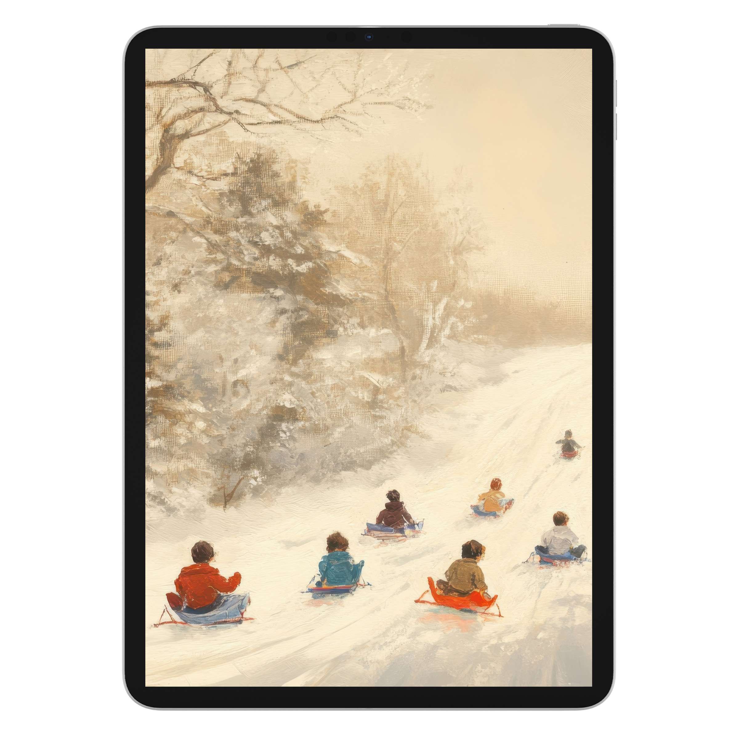 Inspiring christmas iPad wallpaper featuring children sledding through snowy landscape for tablet background digital download decor