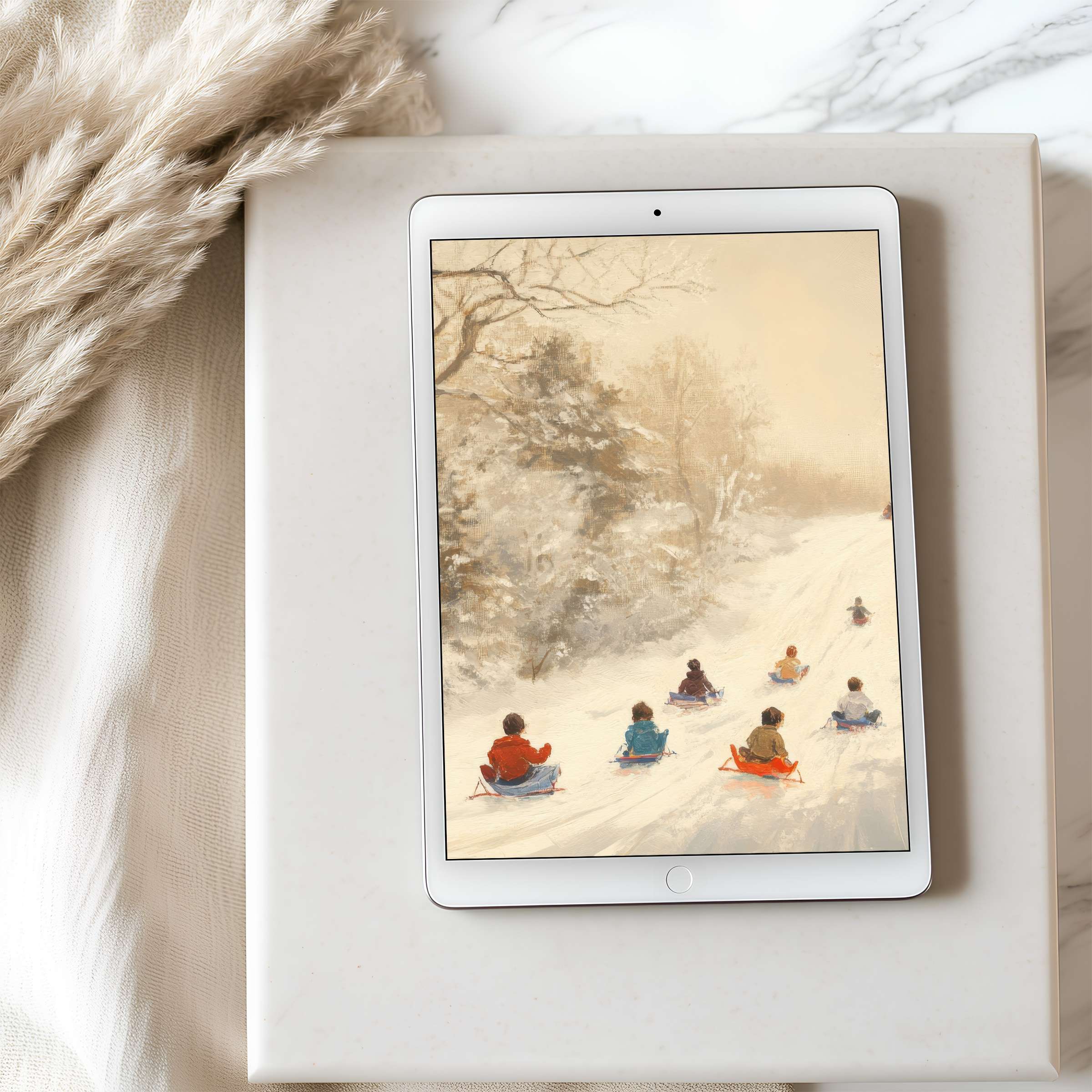 Tablet wallpaper featuring serene winter sledding in soft beige hues, perfect for a high resolution iPad background or Android download