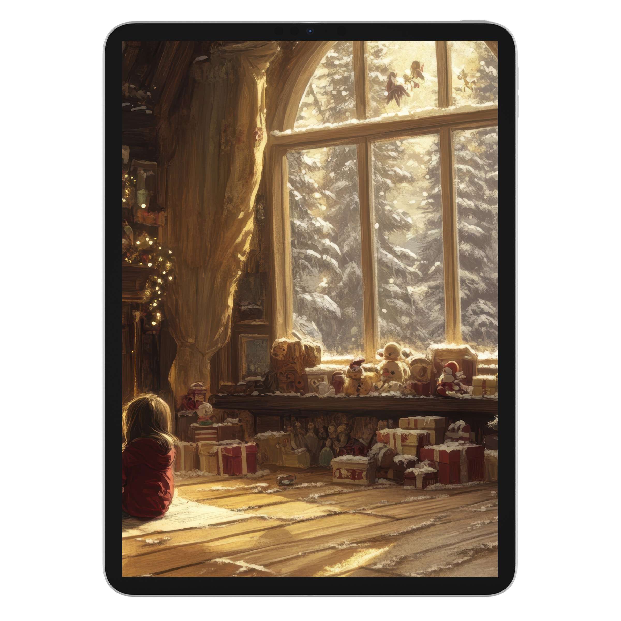 Warm, serene Christmas iPad wallpaper with a cozy, sunlit room, snow-covered forest, ideal digital download for tablet background use