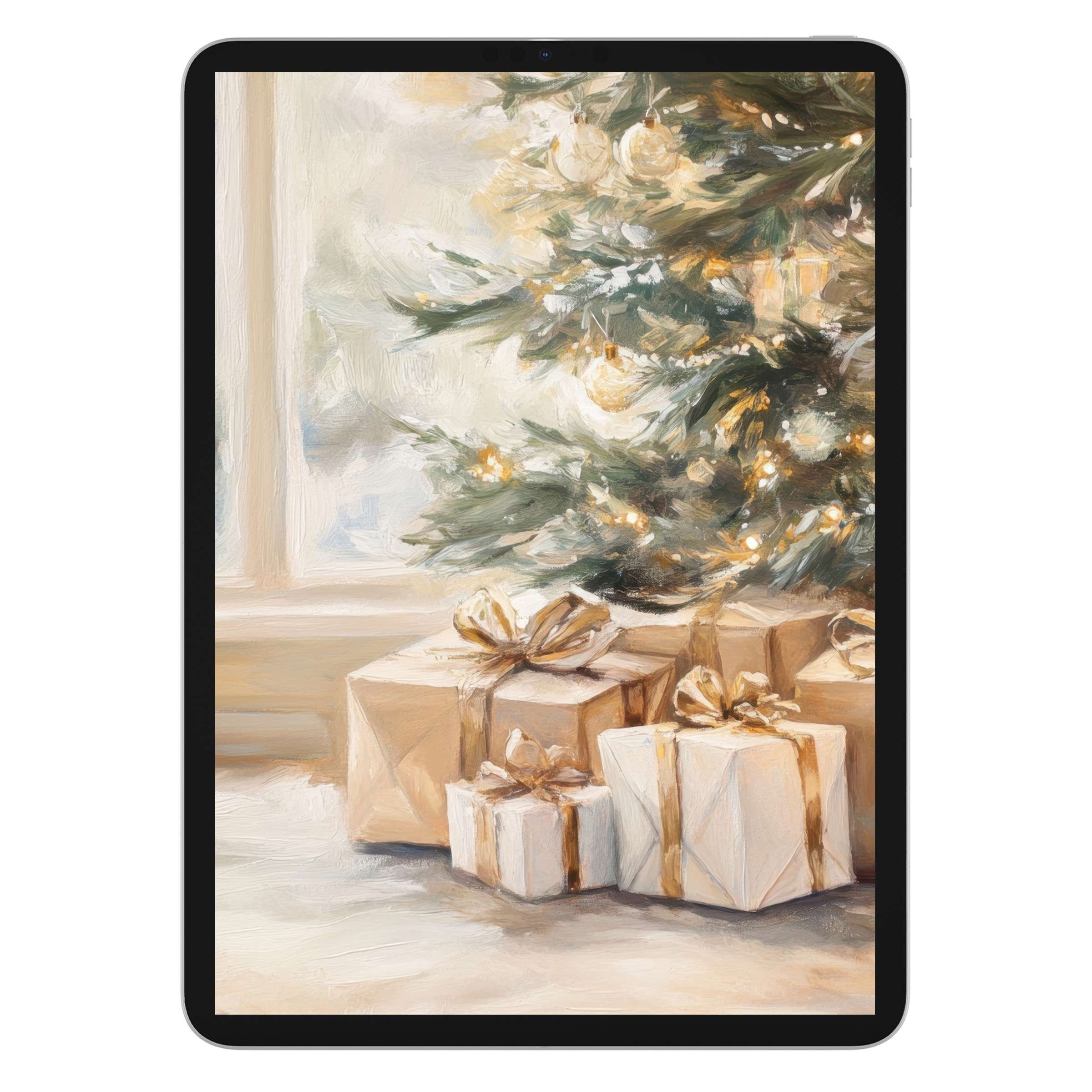 Elegant christmas iPad wallpaper with a serene digital download of a painted tree and gifts, perfect tablet background for holiday cheer