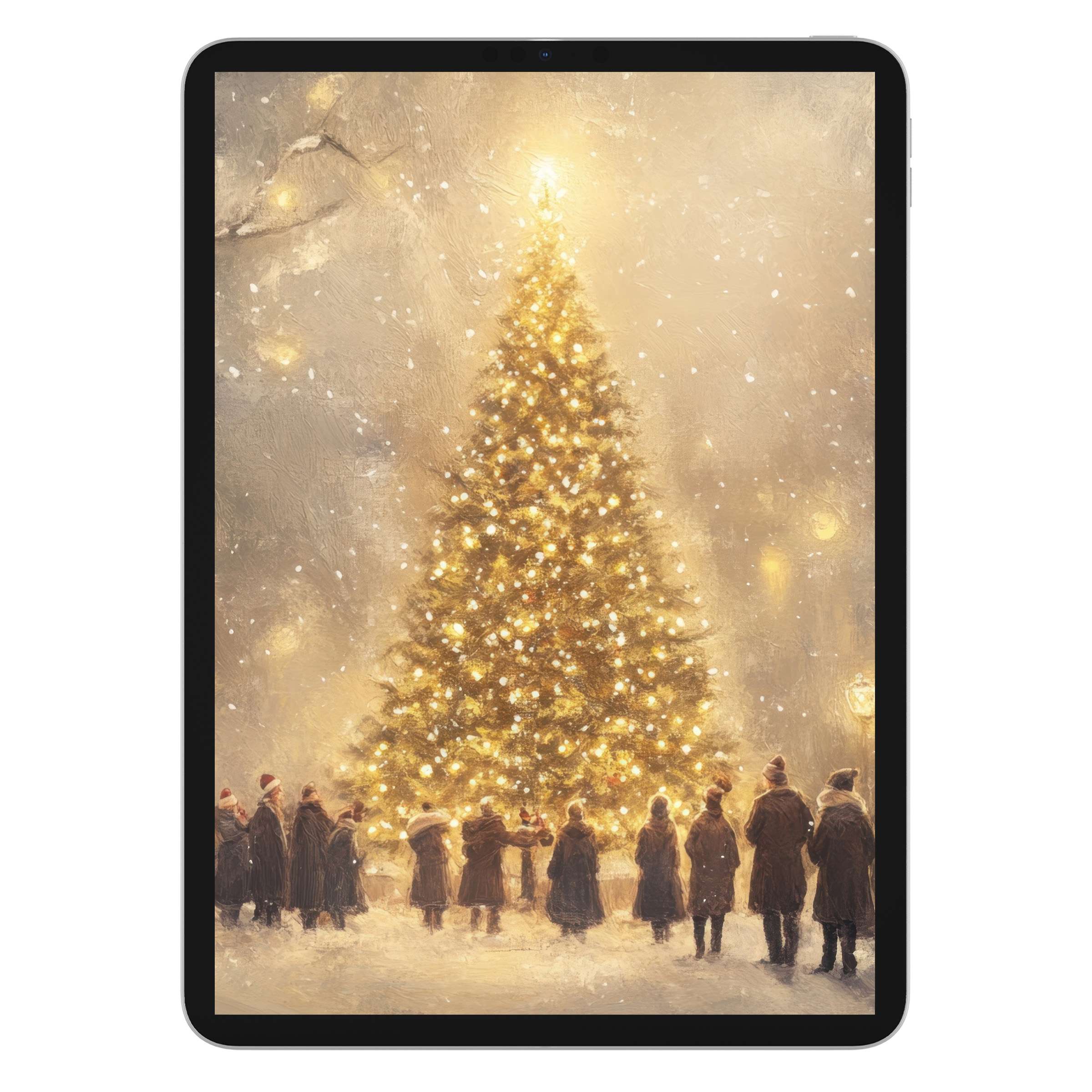 Christmas iPad wallpaper featuring an elegant glowing tree in snowfall; perfect for tablet background with digital download tranquility