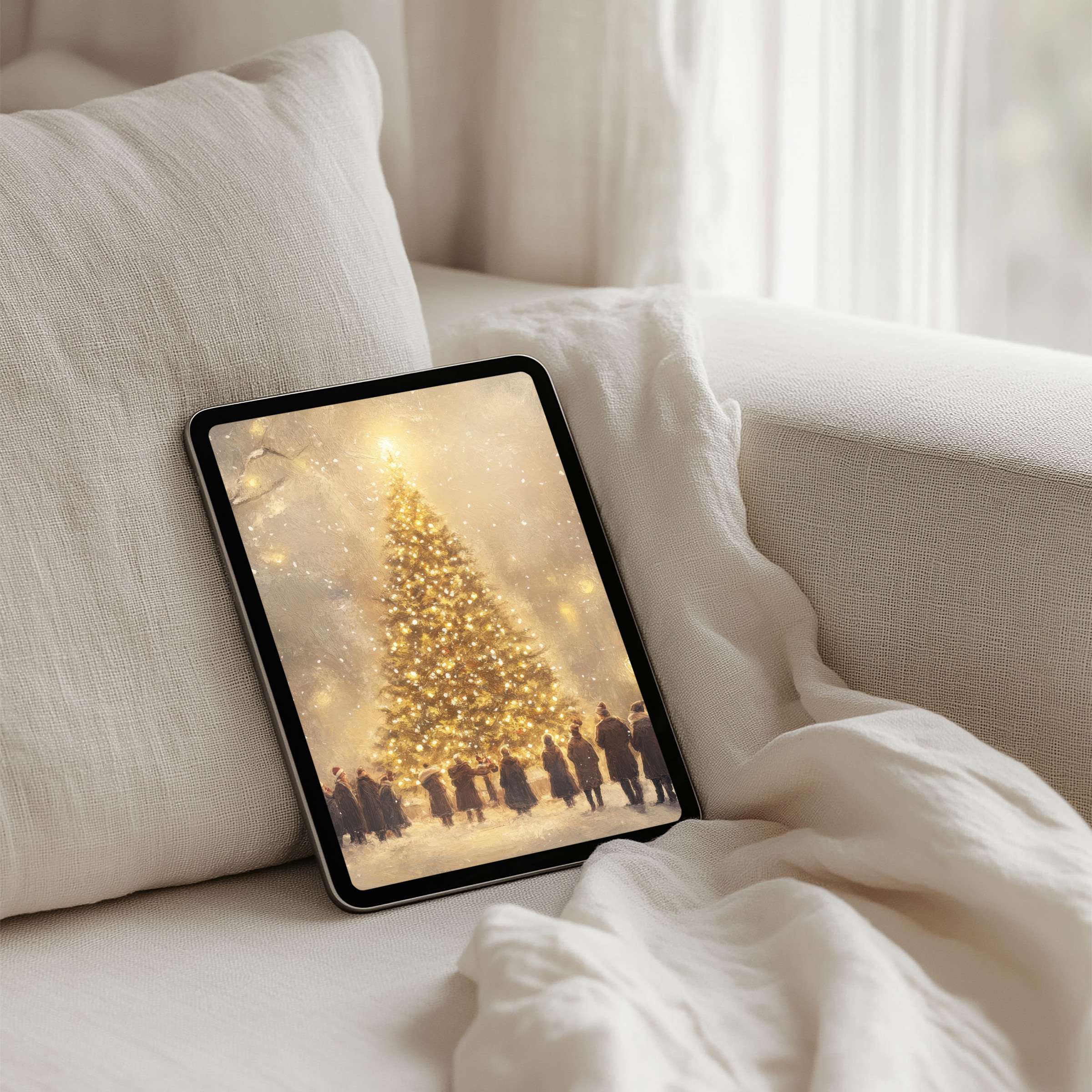 Elegant Christmas tree on iPad background evokes calm, mindfulness, and inspiration, perfect for tablet instant download users