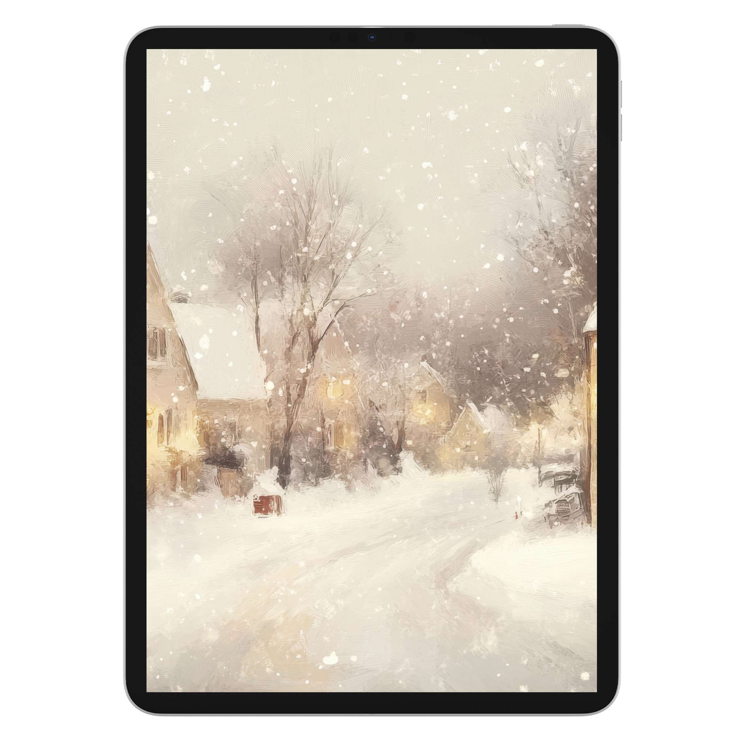 Elegant christmas iPad wallpaper featuring a snowy village scene, perfect tablet background for serene digital download artistry
