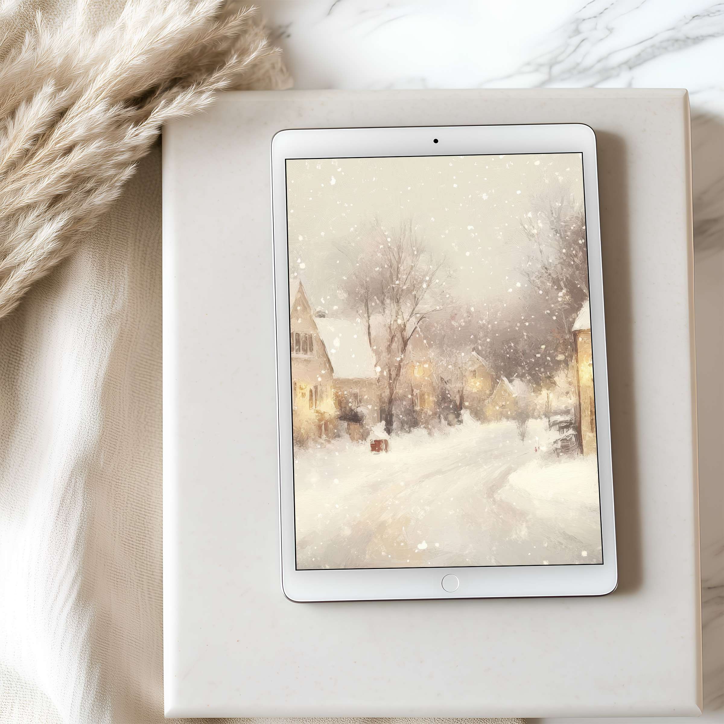 Elegant winter scene tablet wallpaper featuring a snowy village, ideal for iPad or Android tablets; high resolution digital download