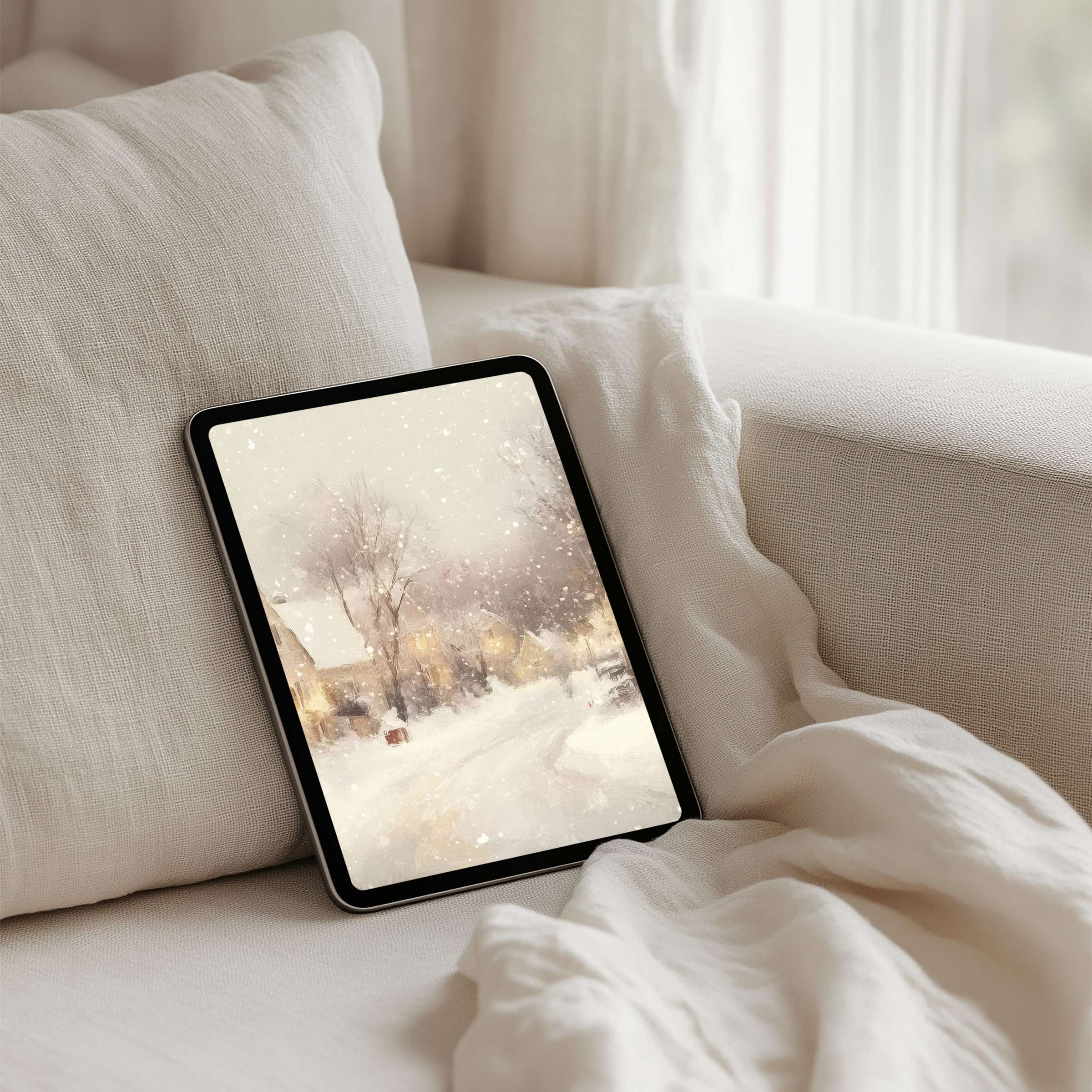 Elegant iPad background featuring a serene, snowy village scene for instant download on any tablet enhances calm inspiration