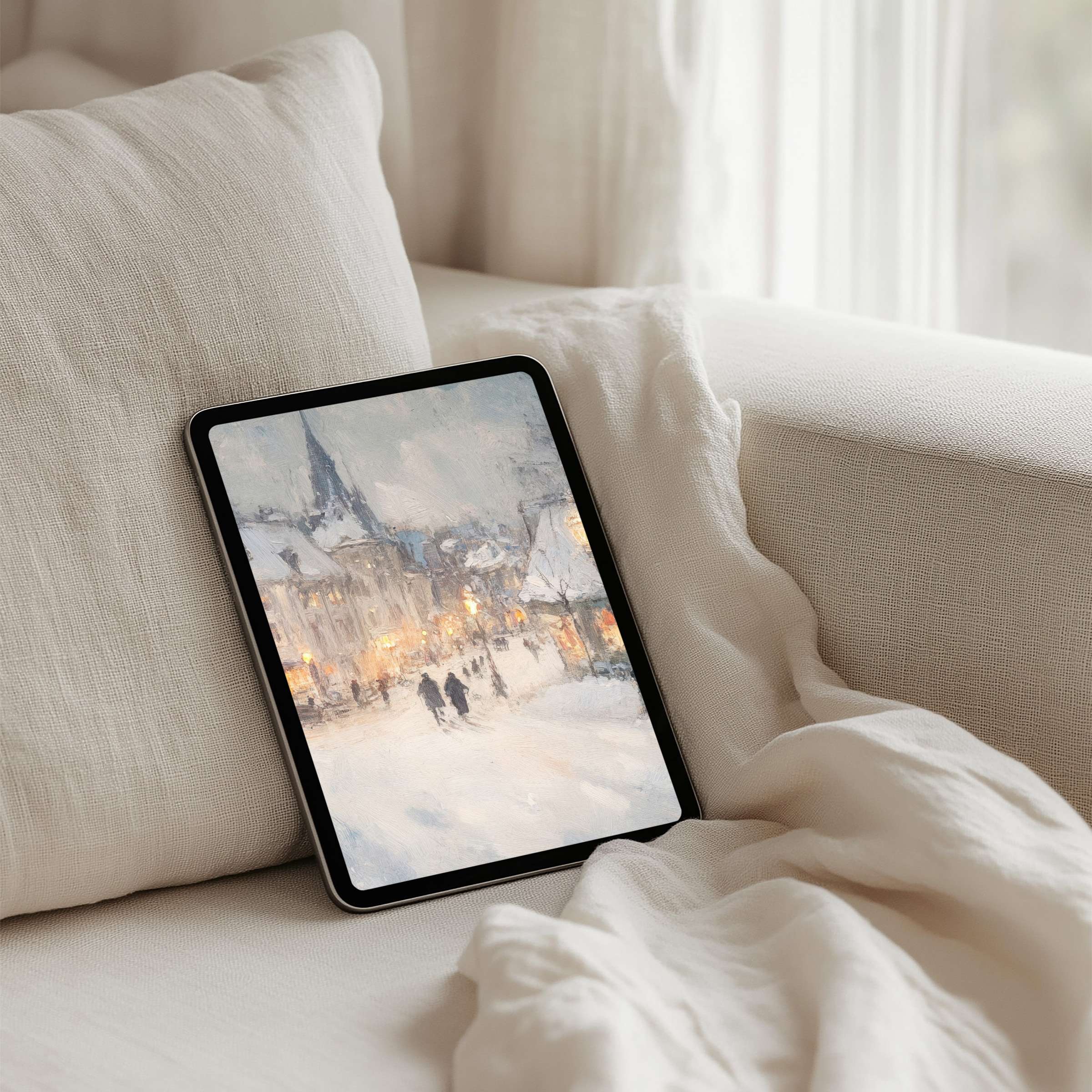 Elegant winter cityscape iPad background for instant download inspiring calm and mindfulness fits tablet screens beautifully