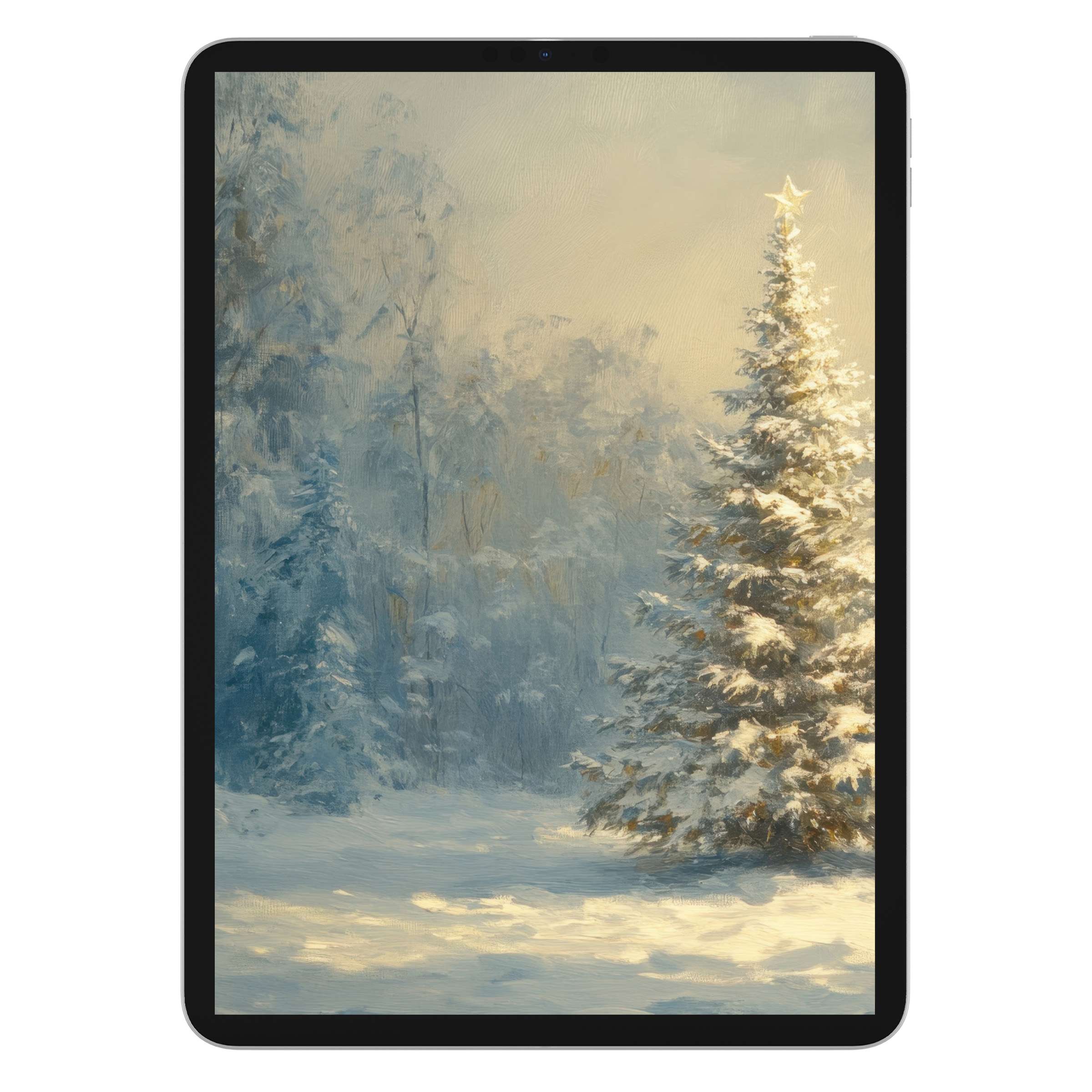 Elegant christmas iPad wallpaper featuring a serene snowy forest and lit tree, perfect digital download for tablet background