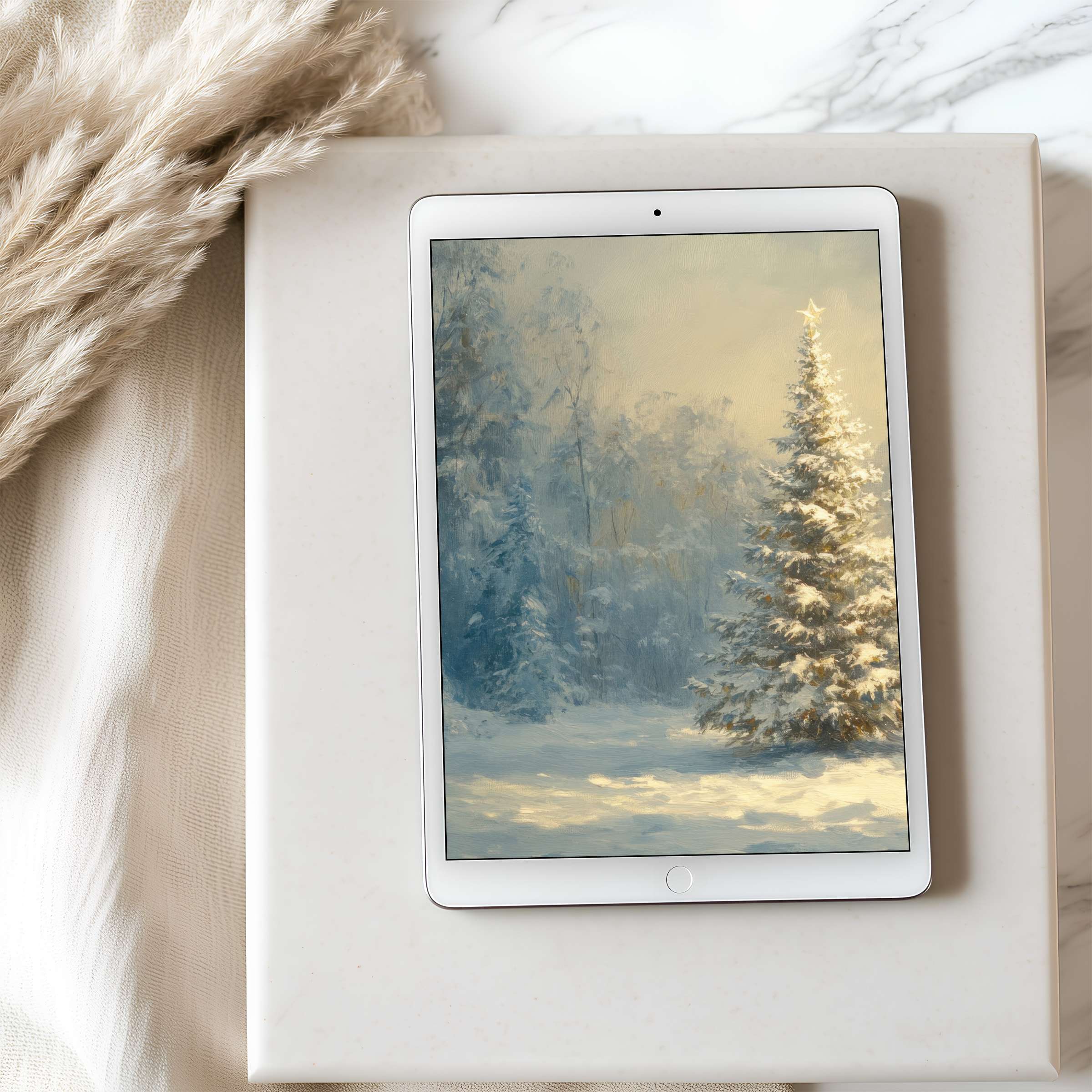 Snowy pine forest tablet wallpaper offers serene elegance for iPad and Android devices with high resolution digital download
