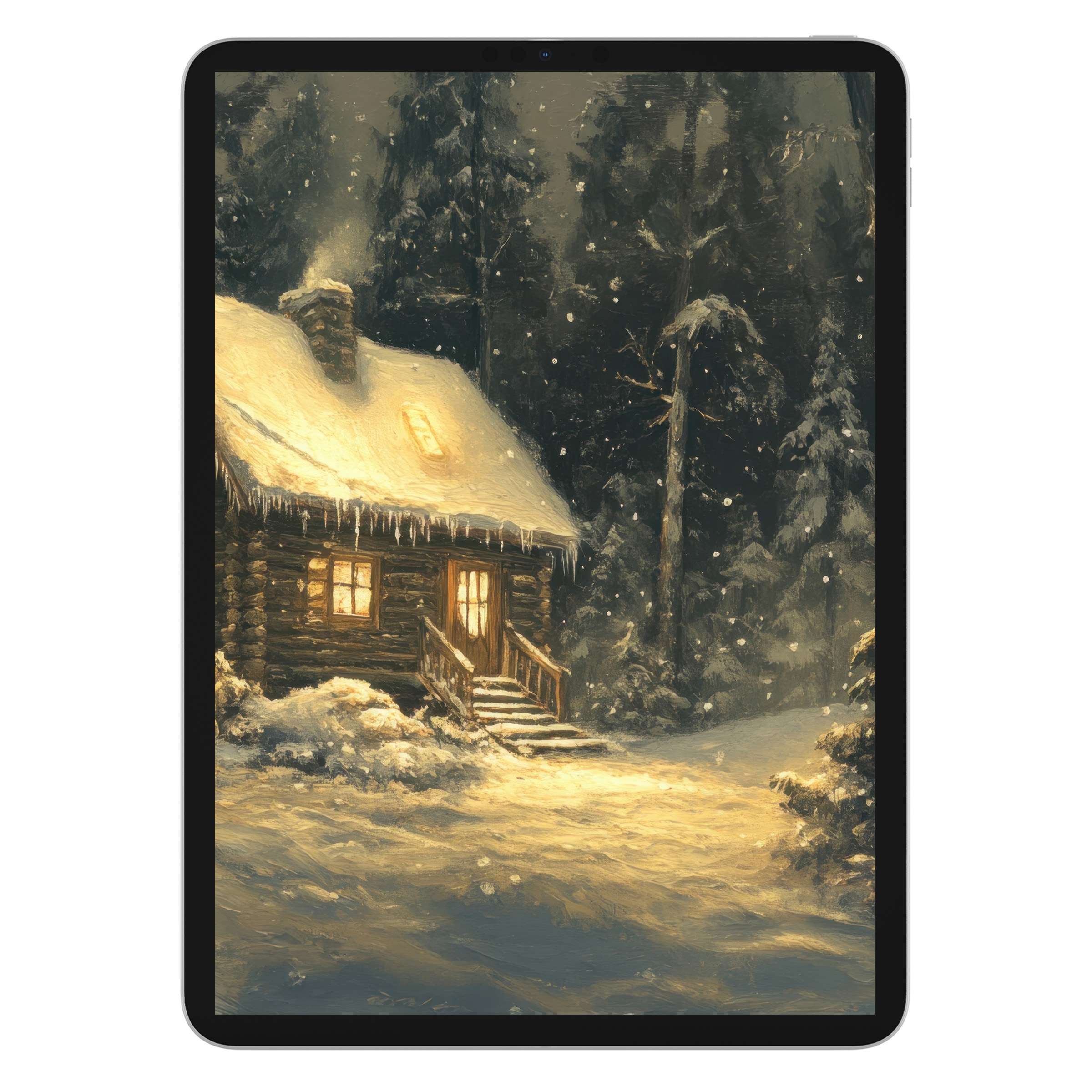 Cozy log cabin snow scene for christmas iPad wallpaper digital download, serene winter background for tablets, artistic and calming