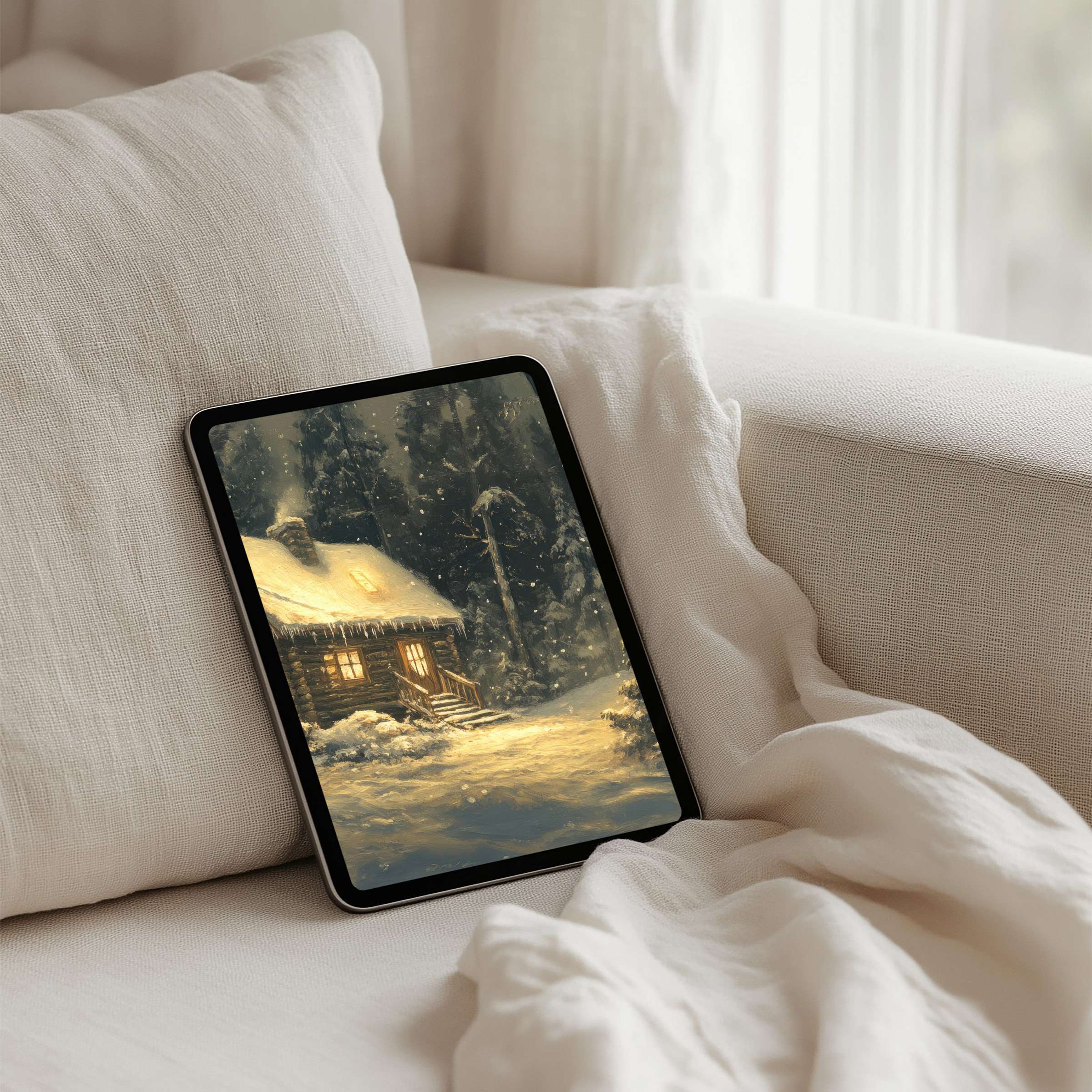 Elegant winter cabin scene iPad background offers instant download for tablet users seeking calm and inspiration in design-conscious interiors