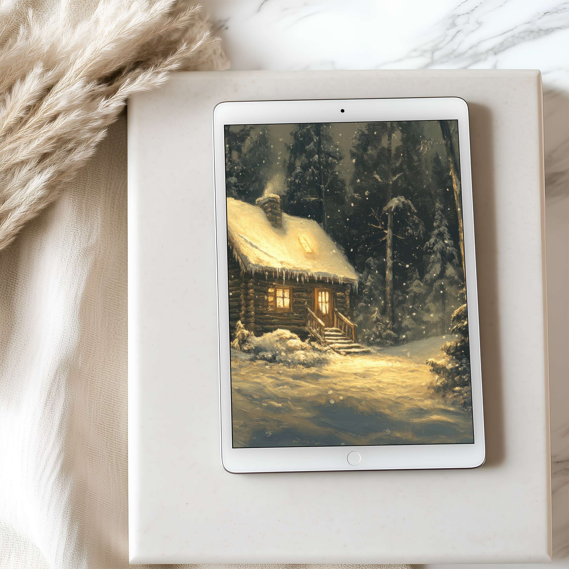 Elegant winter cabin scene with soft snow lighting for tablet wallpaper offers a calming digital download for iPad users seeking serenity