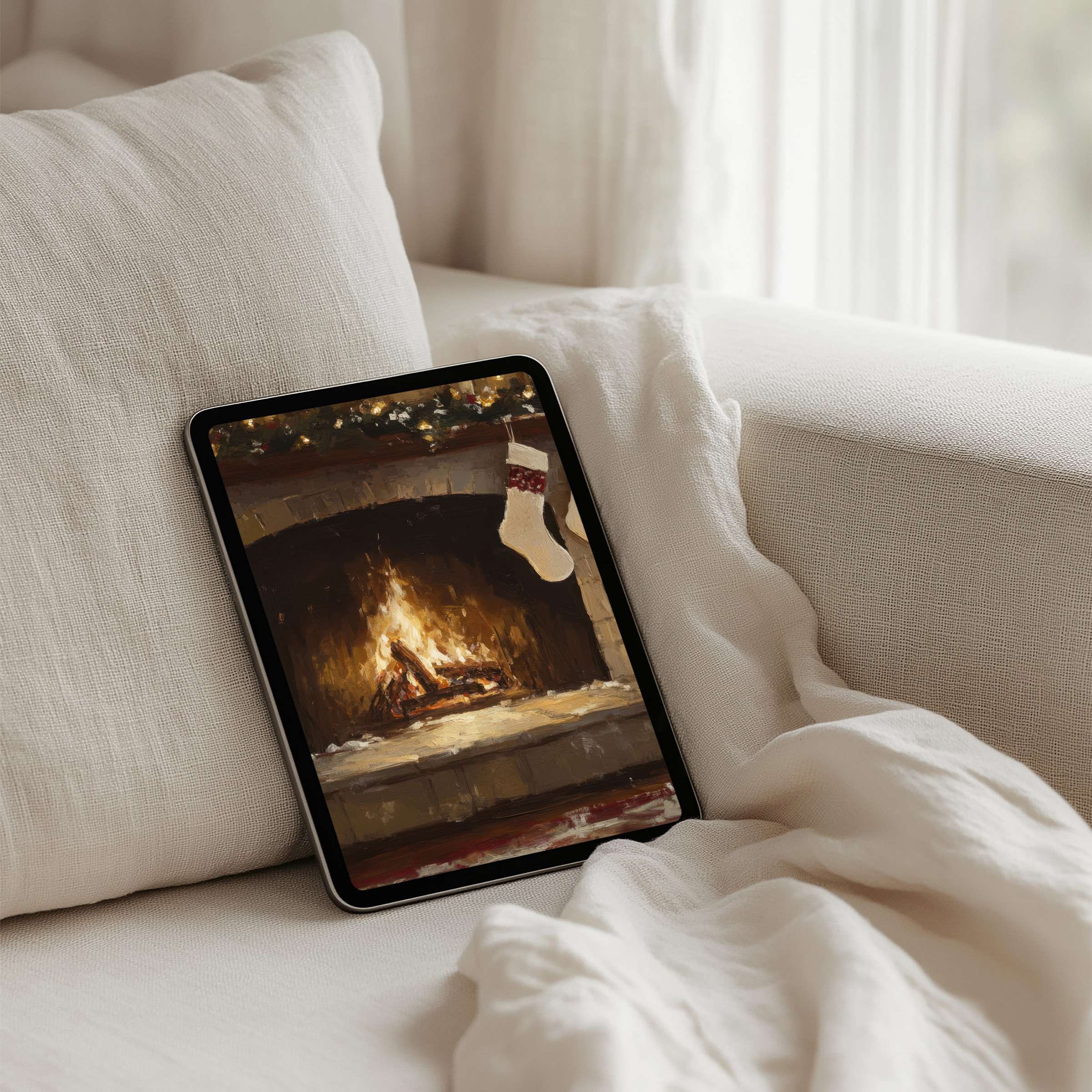 Cozy fireplace digital art as an iPad background evokes warmth and tranquility perfect for instant download on any tablet