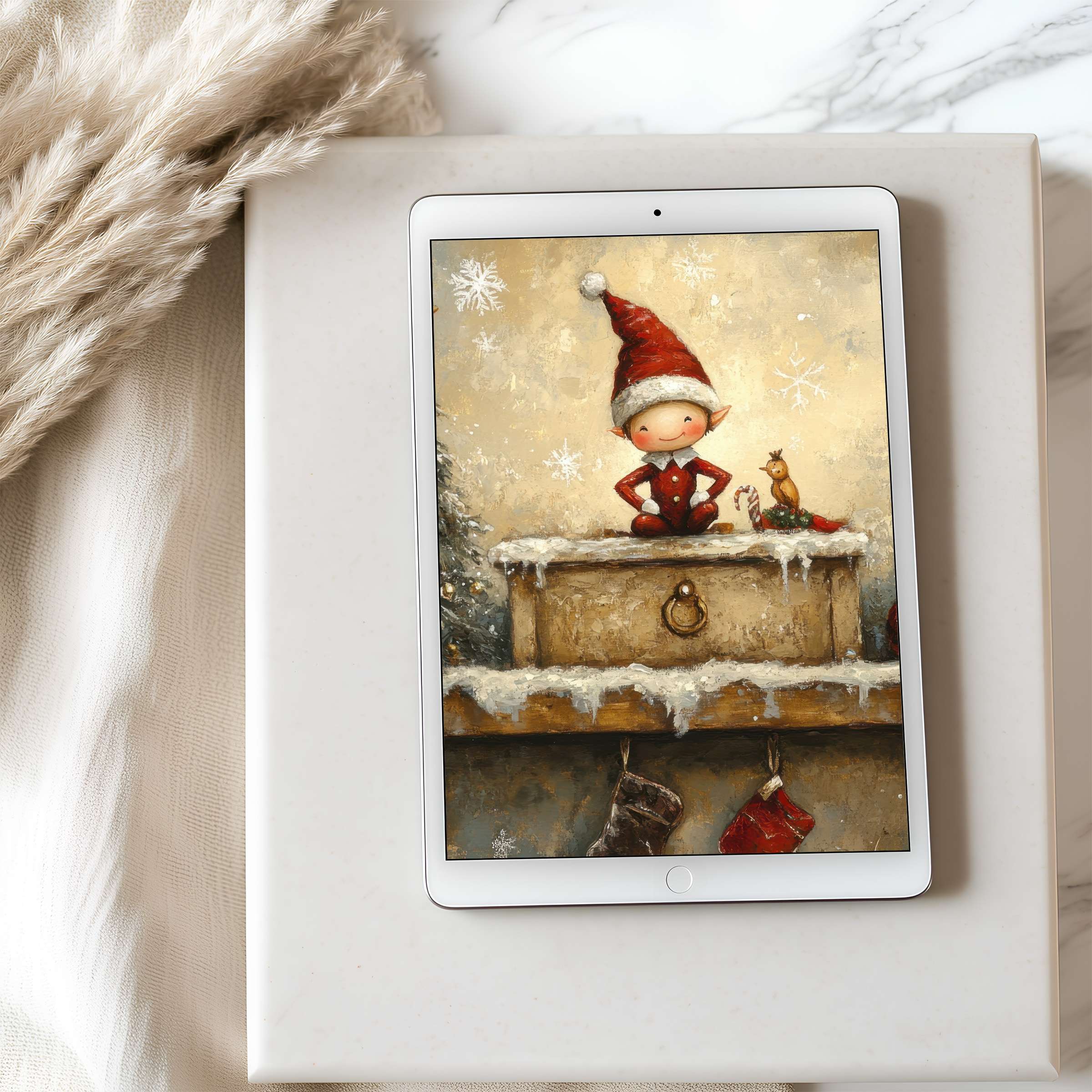 Charming elf in a snowy Santa hat evokes warmth on this curated tablet wallpaper perfect for high-resolution digital download on iPad