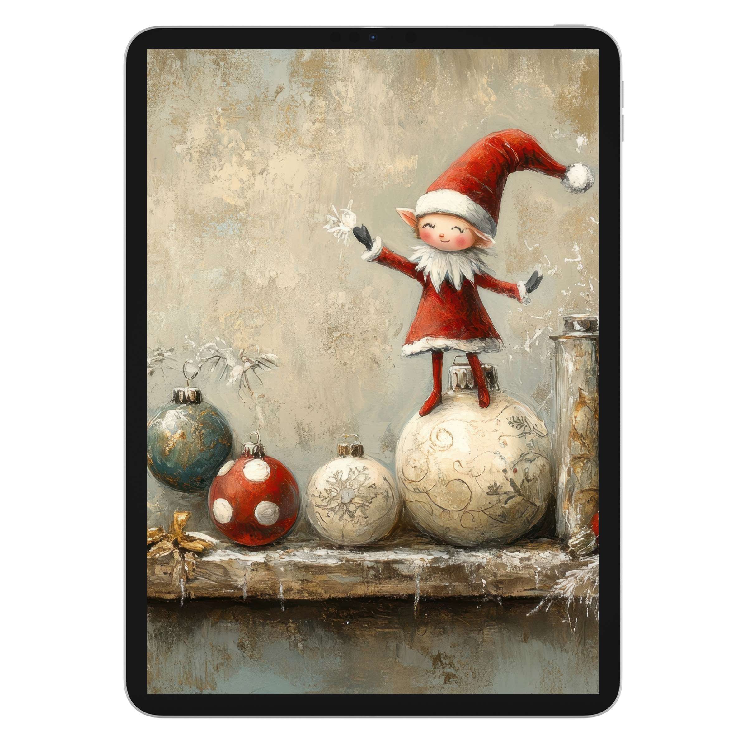 Charming digital download christmas iPad wallpaper featuring festive elf and ornate ornaments in an elegant, textured background for tablets