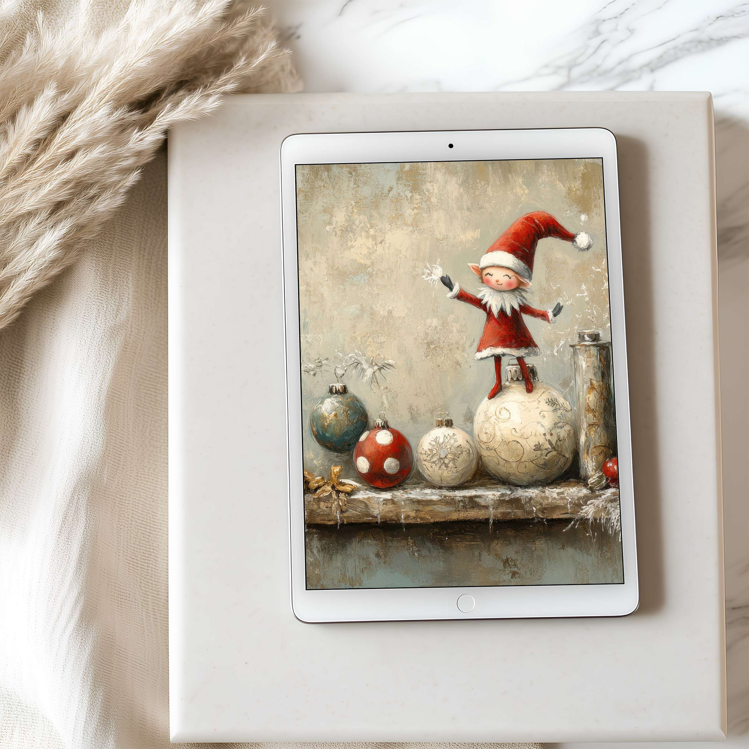 Festive tablet wallpaper showcases a whimsical elf in a vintage holiday setting, perfect for iPad and Android, digital download high resolution