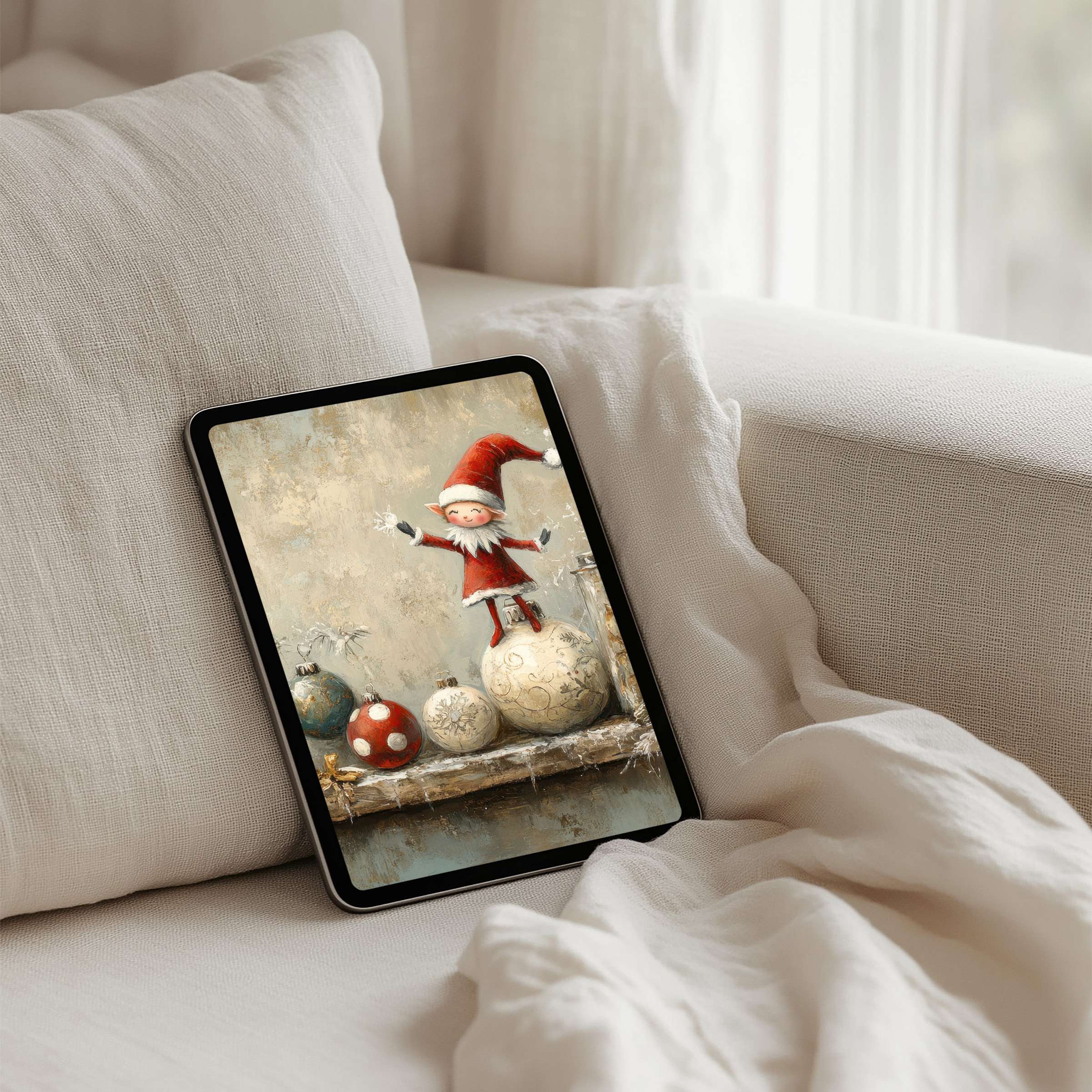 Whimsical iPad background featuring festive elf on ornaments offers instant download for tablet users seeking elegance and holiday calm