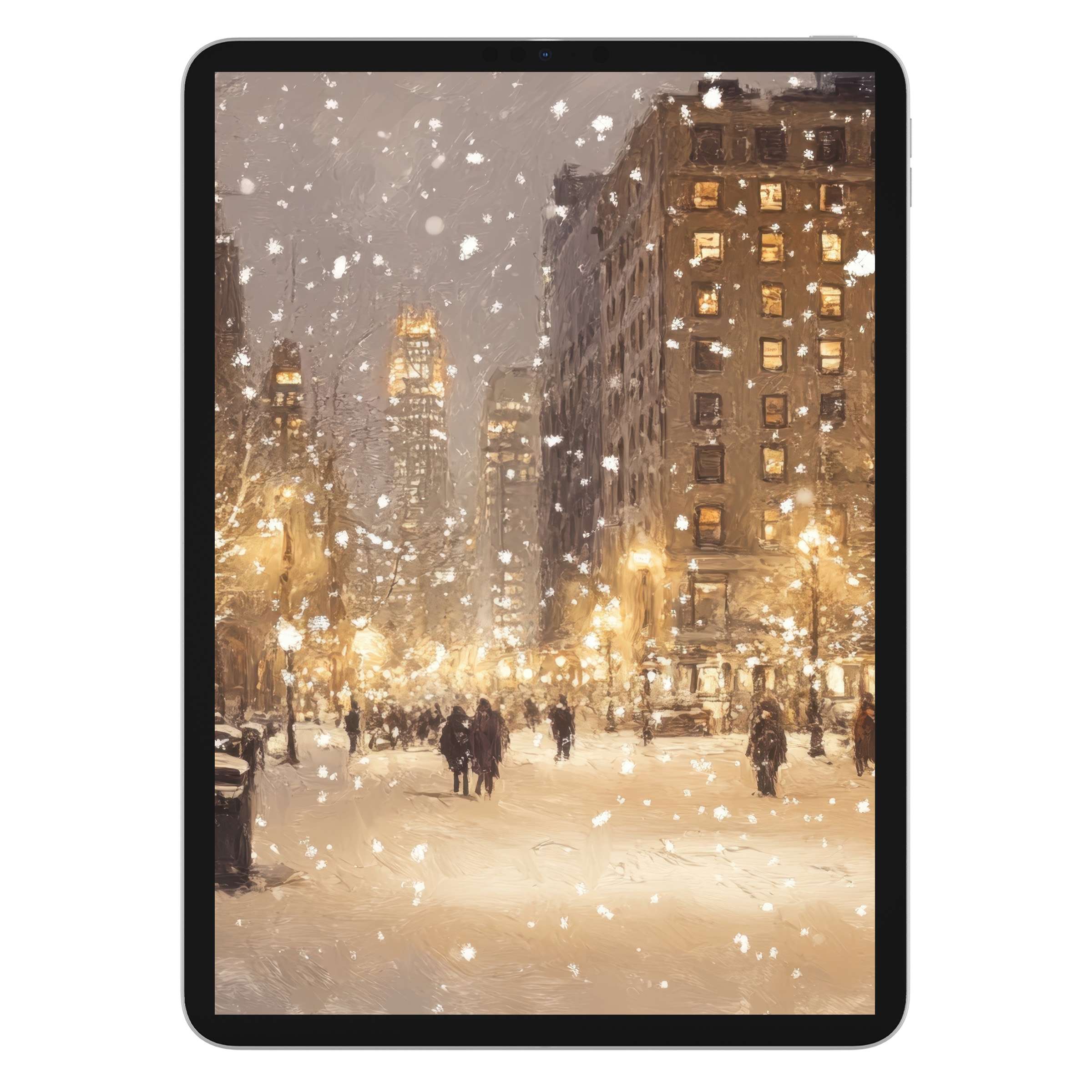 Christmas iPad wallpaper download featuring a serene digital painting of a snowy city street, perfect as a tablet background for Android devices