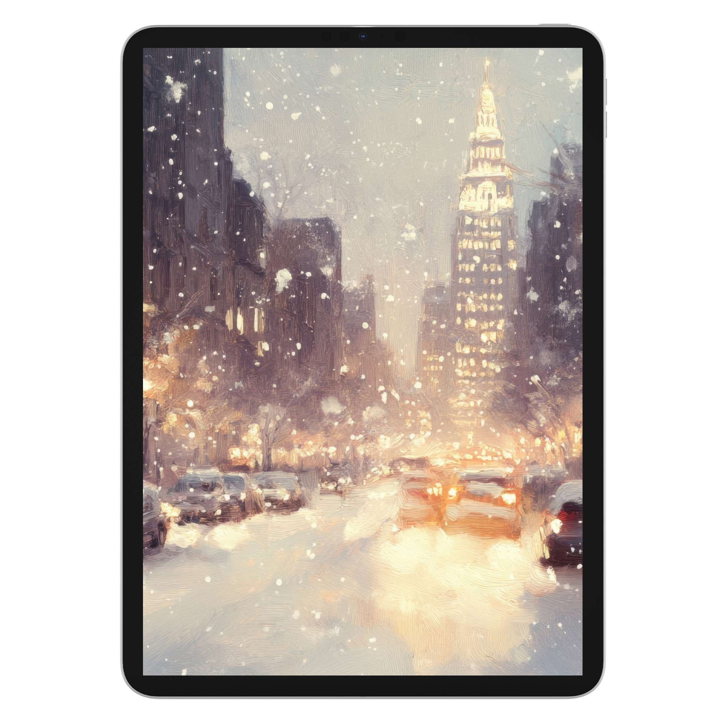 Christmas iPad wallpaper featuring a serene snowy city scene in impressionist style, perfect digital download for tablet background