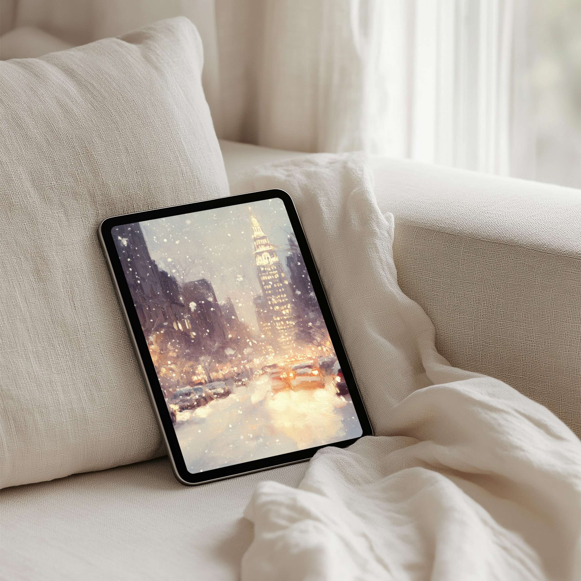 Elegant snowy cityscape iPad background for instant download inspires calm on any tablet enhancing your design-conscious space