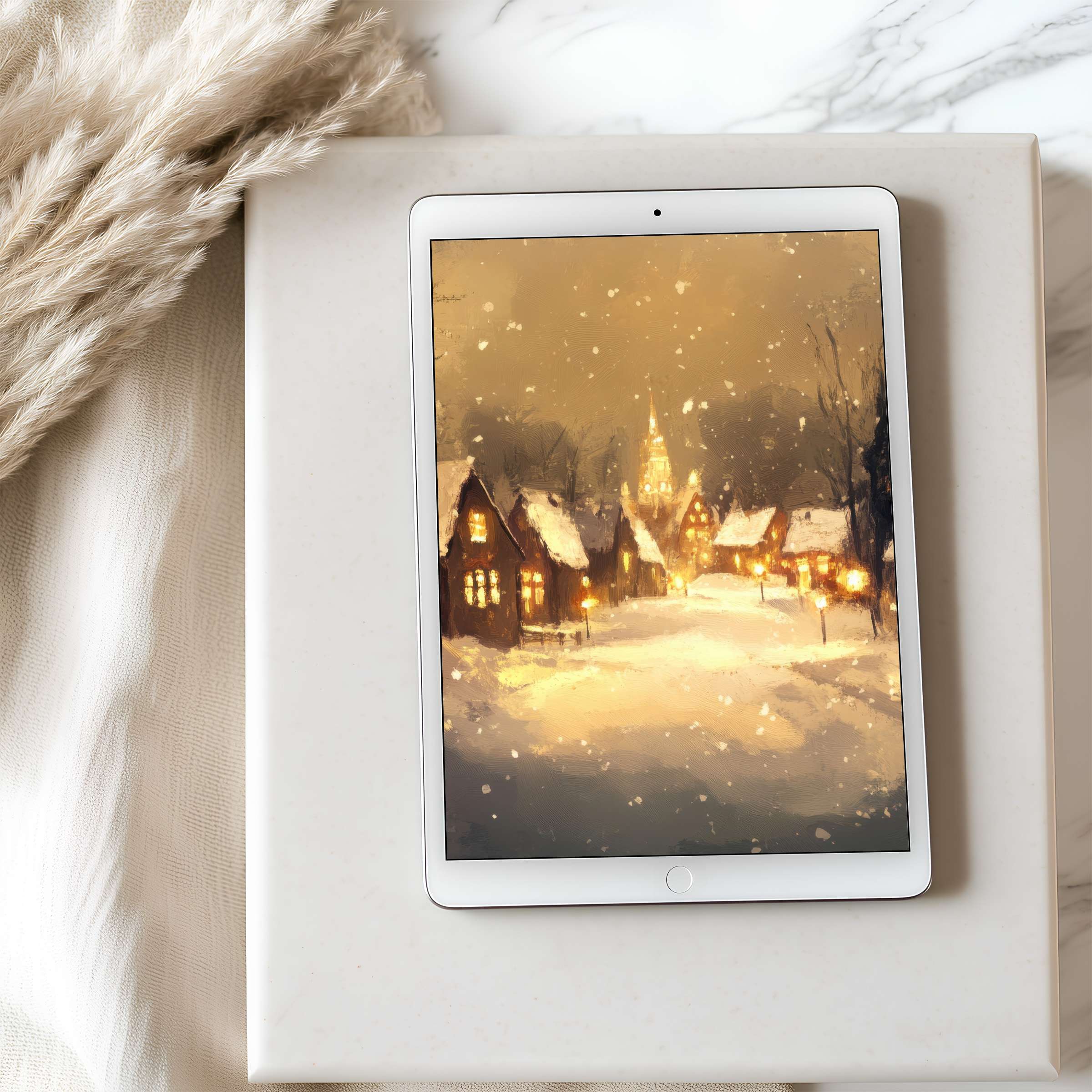 Cozy winter village scene tablet wallpaper in high resolution, perfect for iPad or Android tablets, enhancing calm and sustainable digital spaces