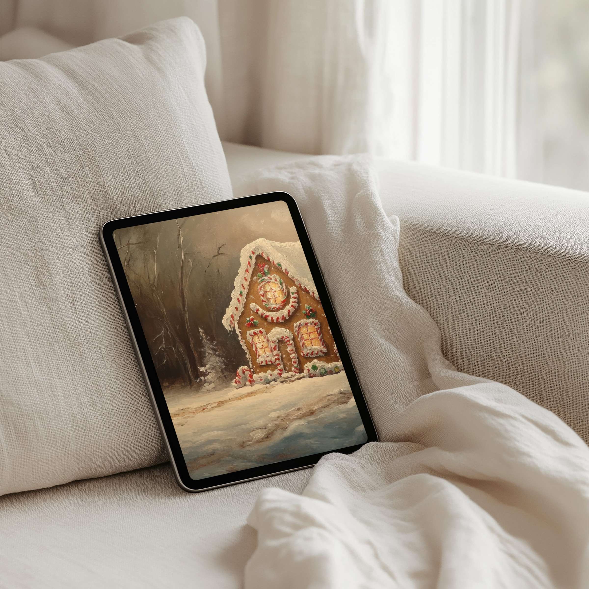 Elegant iPad background featuring a serene, snowy gingerbread house painting, perfect for mindful inspiration on your tablet, instant download