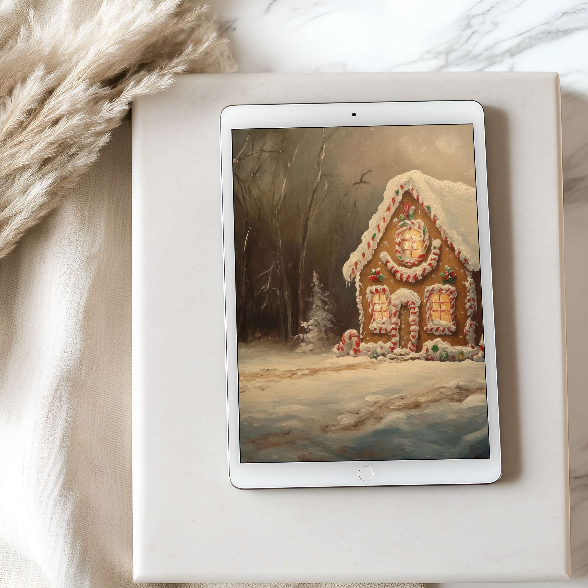 Elegant winter scene tablet wallpaper with a gingerbread house in high resolution evokes cozy calm, perfect for digital download on iPad