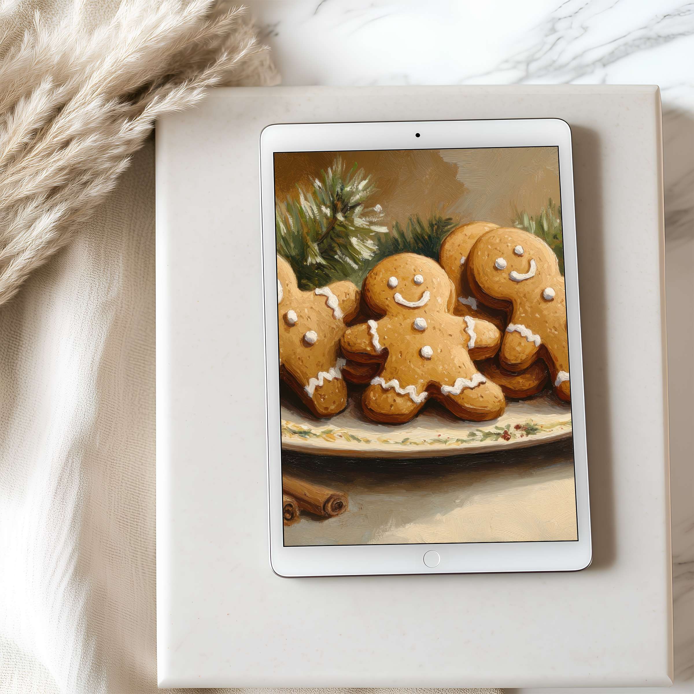 Gingerbread art tablet wallpaper exudes festive charm in high resolution for iPad and Android, offering cozy elegance and digital warmth