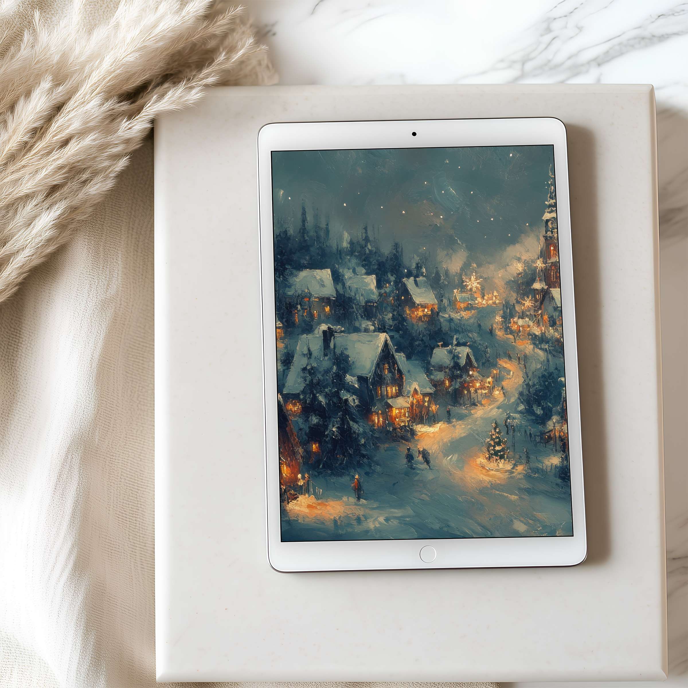 Enchanting winter village scene as a tablet wallpaper in high resolution, perfect for iPad or Android, offers tranquility and elegance