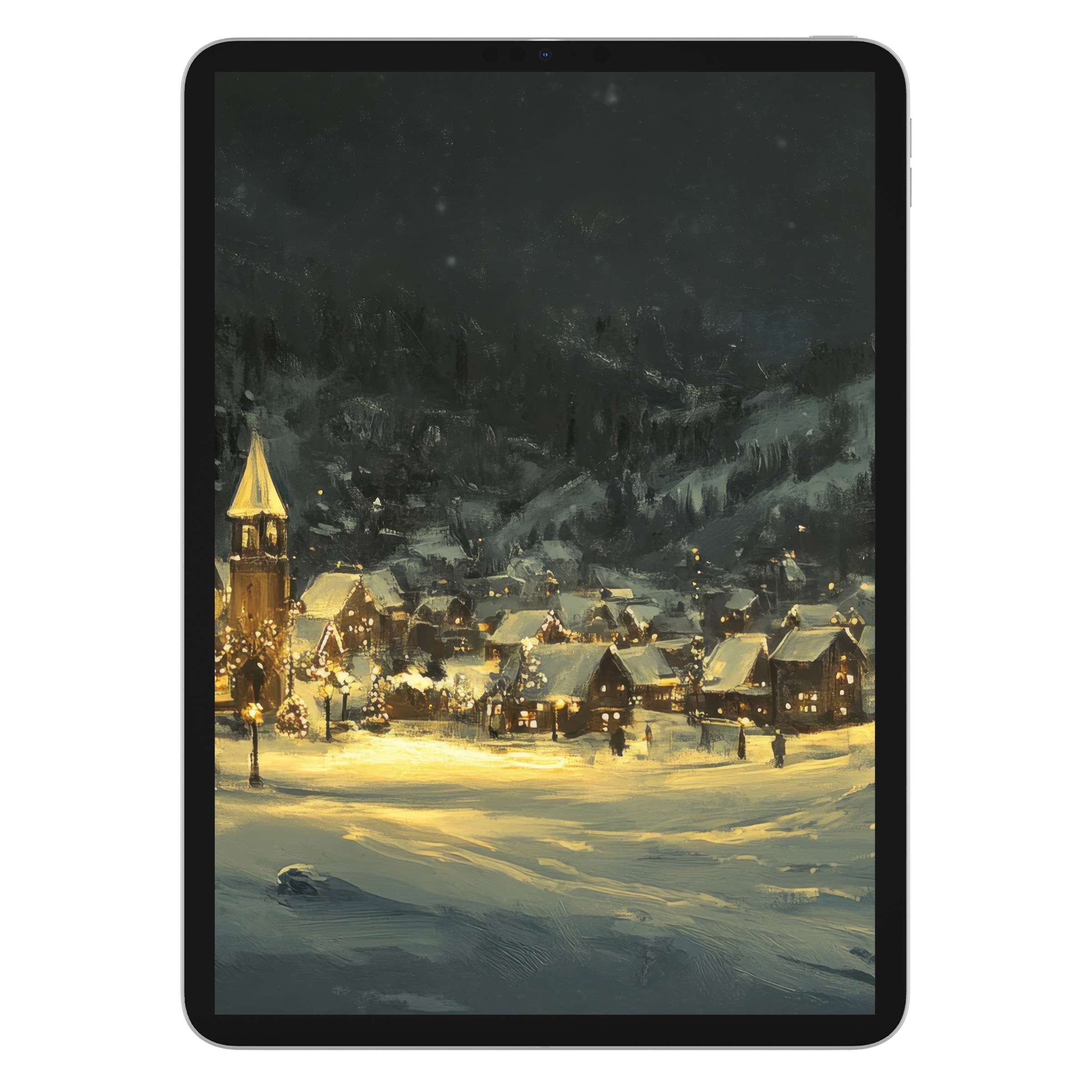 Elegant christmas iPad wallpaper featuring a serene snowy village scene, perfect digital download background for tablets' design lovers