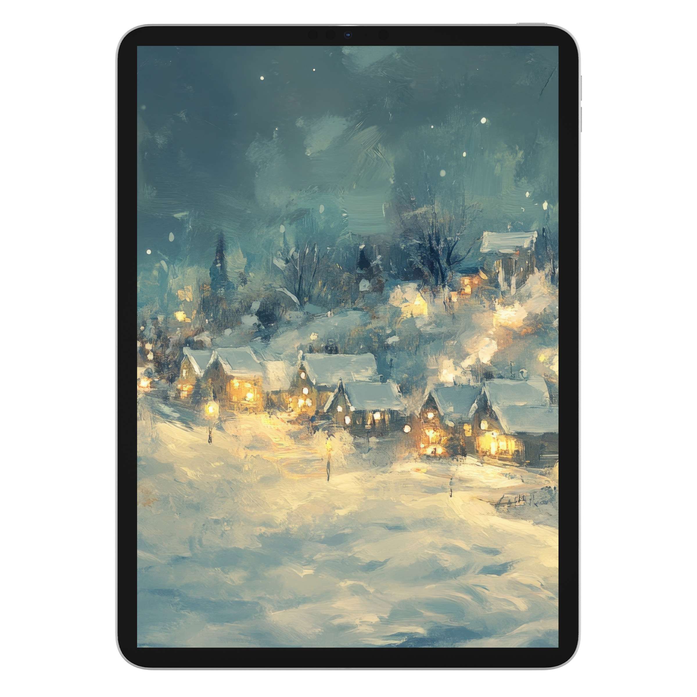 Cozy winter village scene iPad wallpaper for Christmas digital download perfect as serene tablet background for design lovers