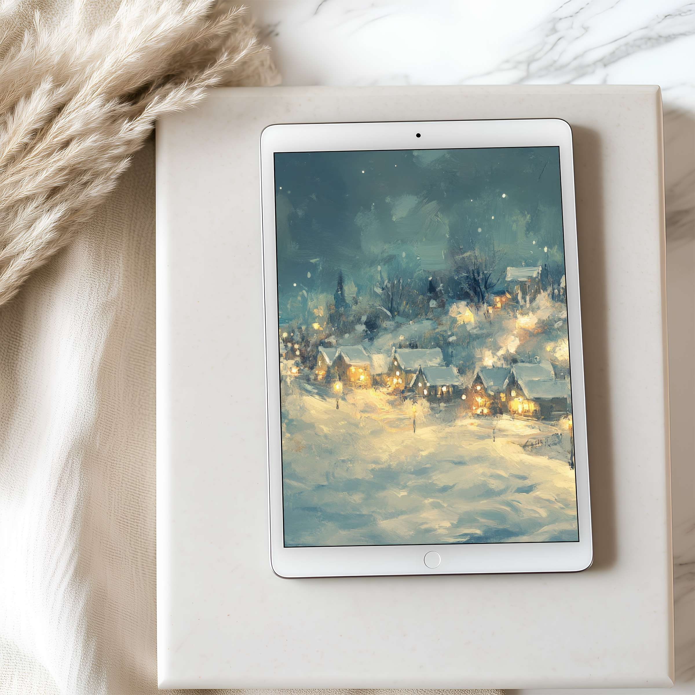 Elegant winter village scene tablet wallpaper evokes warmth and serenity for iPad and Android high resolution digital download