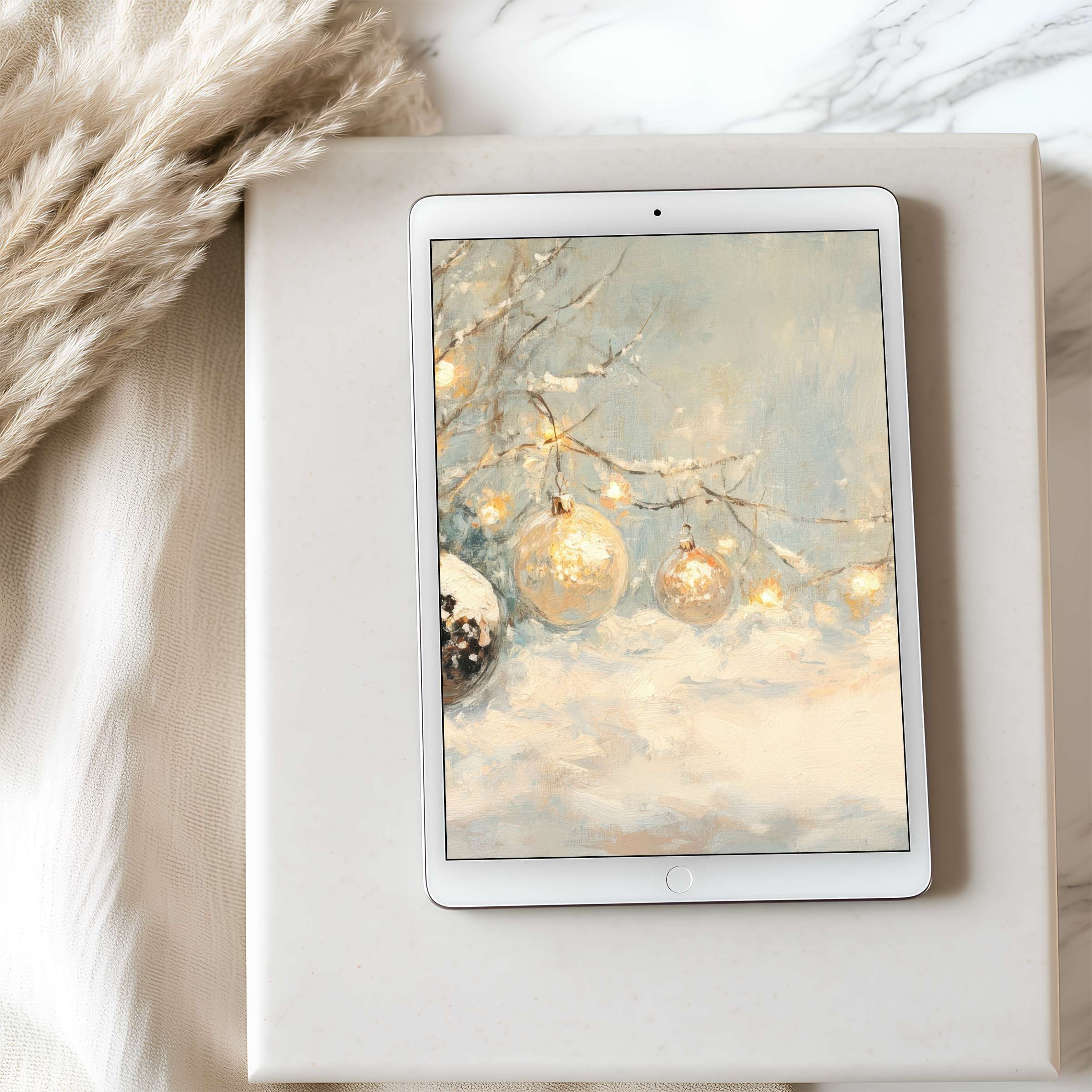 Elegant tablet wallpaper featuring serene winter scene with glowing lights on snow-draped branches suitable for iPad download