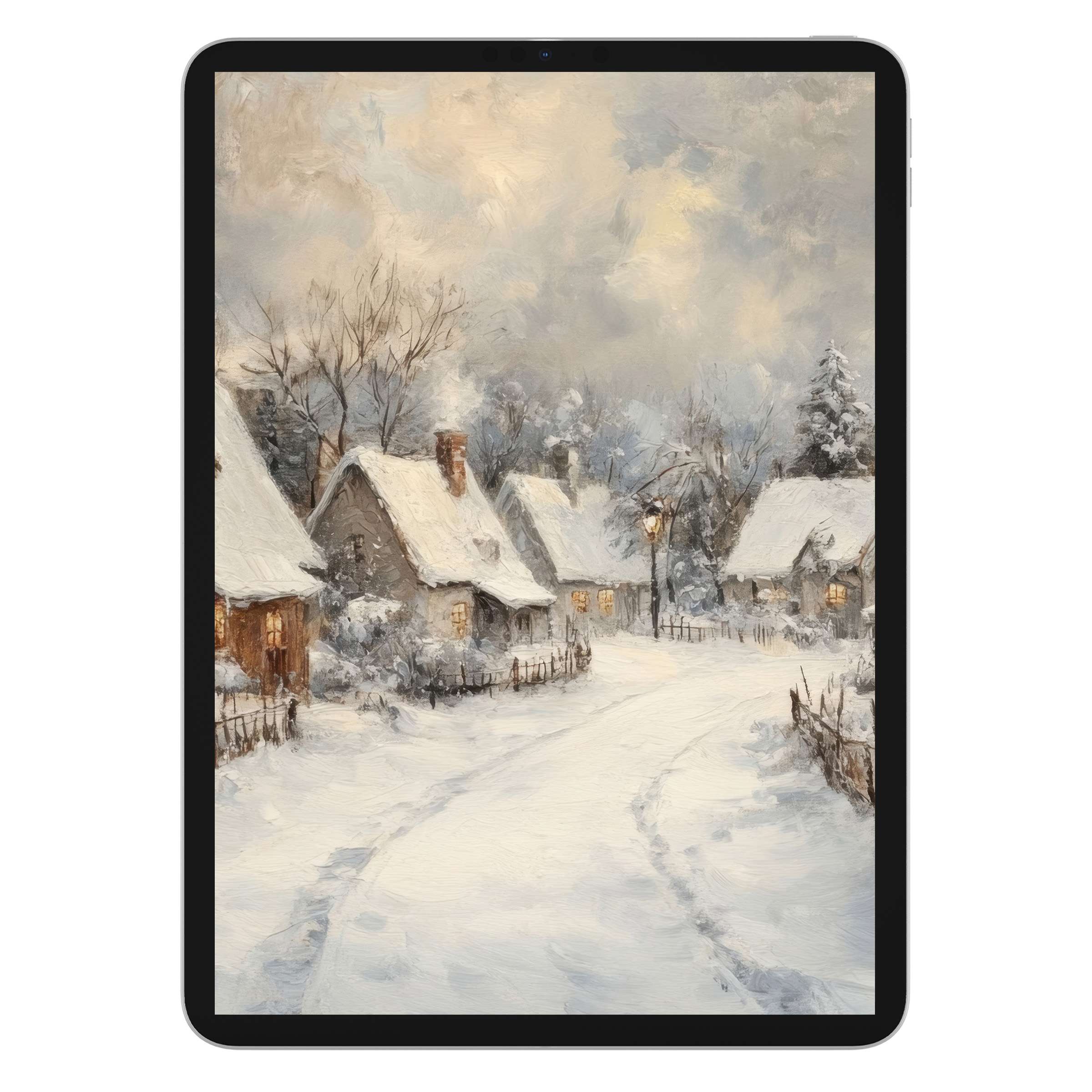 Cozy snowy village scene as christmas iPad wallpaper, ideal digital download for serene tablet background on Android and Samsung