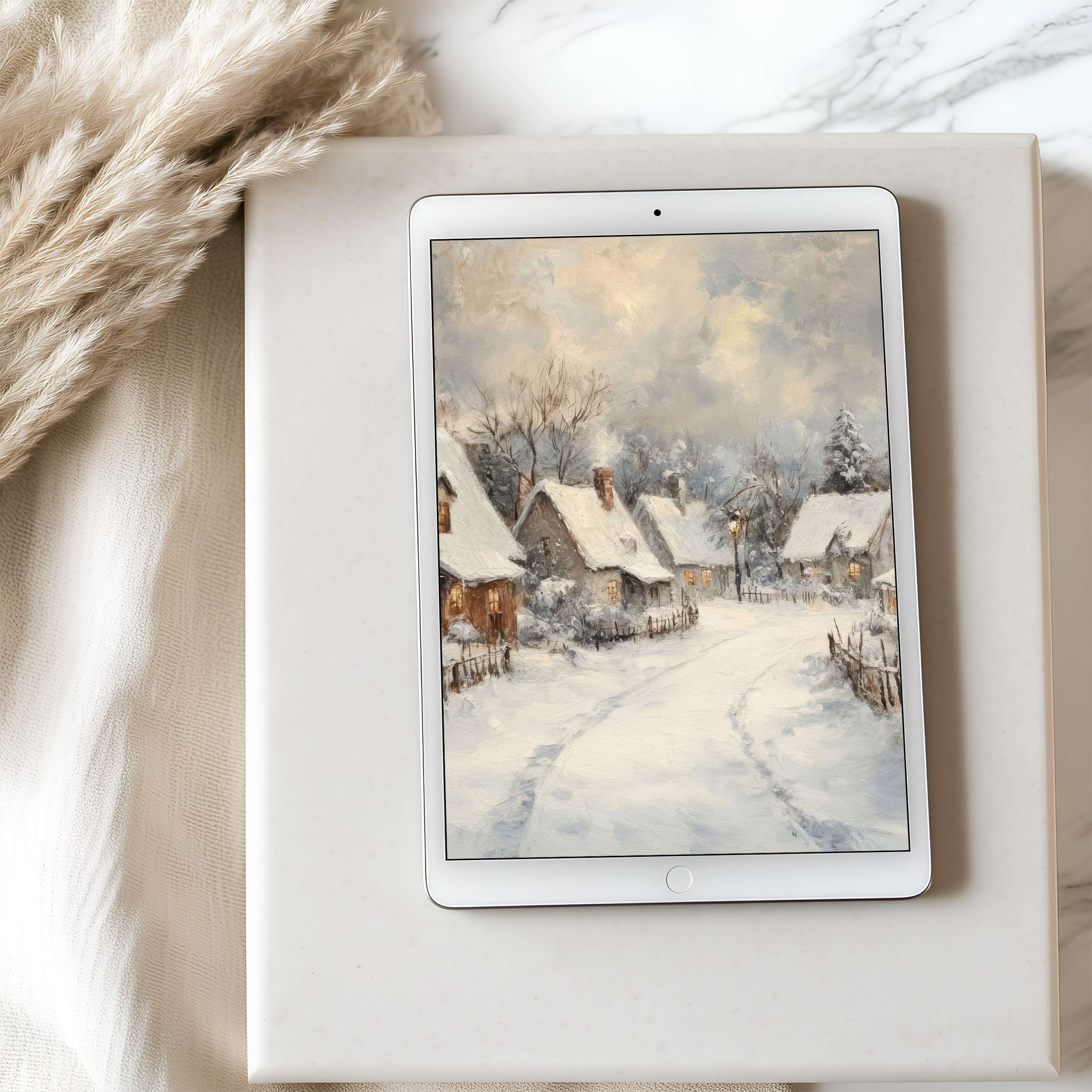 Snowy village scene tablet wallpaper features serene cottages under a cloudy sky in high resolution, perfect for iPad download