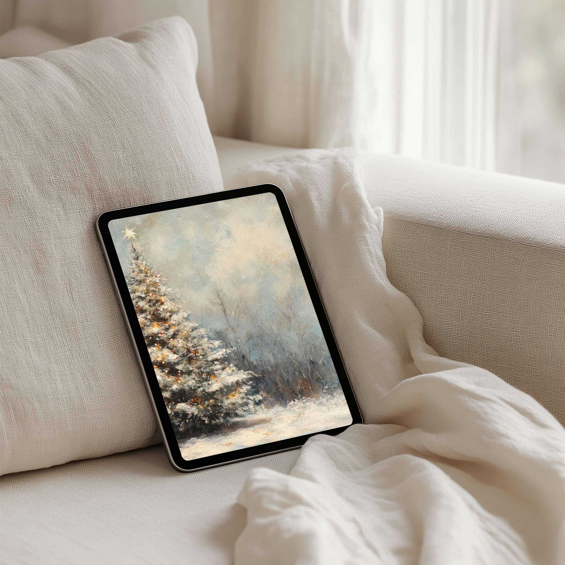 Elegant snowy tree scene iPad background for instant download evokes calm, perfect fit for any tablet, inspiring mindful decor