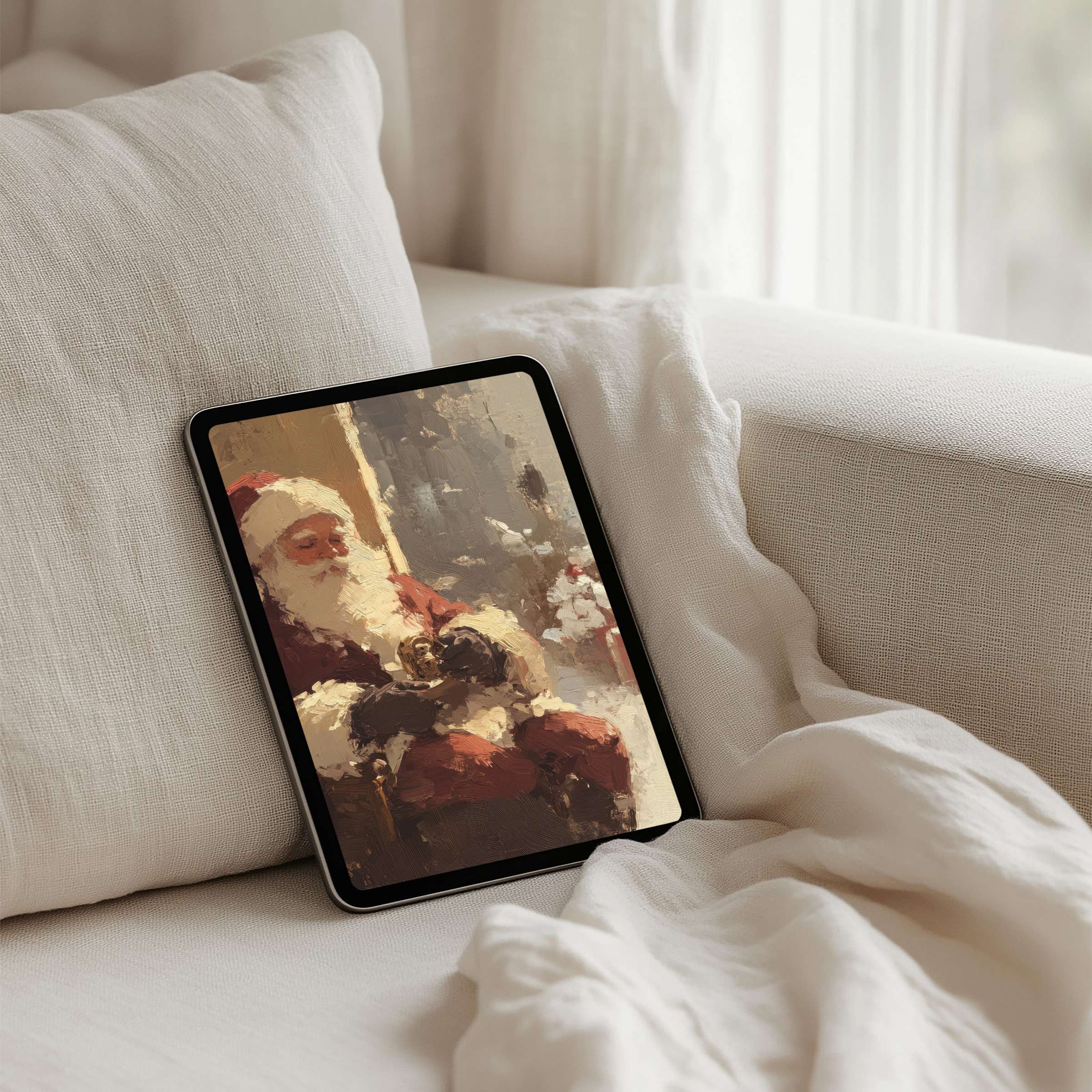 Elegant winter-themed iPad background featuring Santa's soft brushstrokes offers instant download for mindful tablet aesthetics