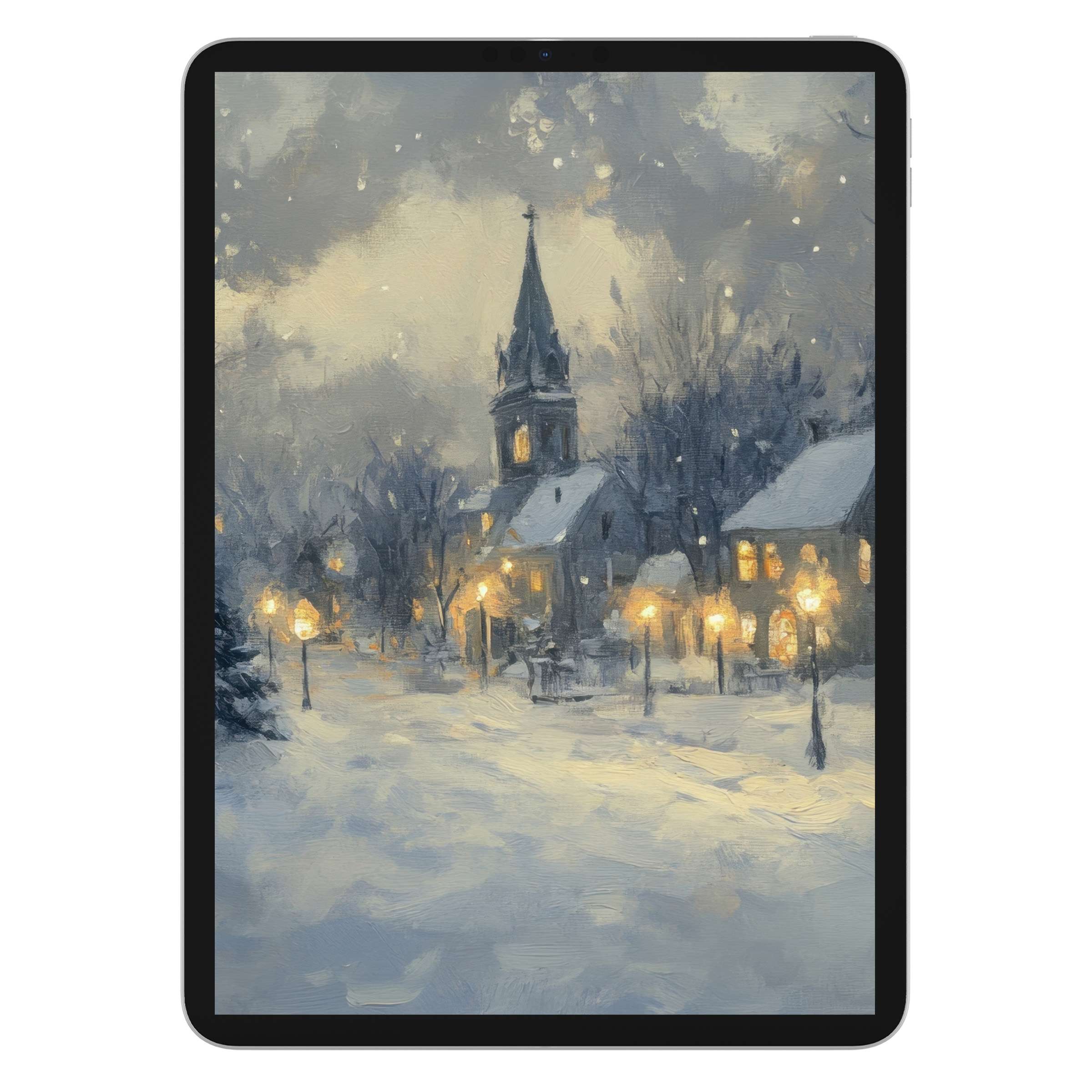Elegant christmas iPad wallpaper featuring a serene, snow-covered village scene, suitable as a calming digital download tablet background