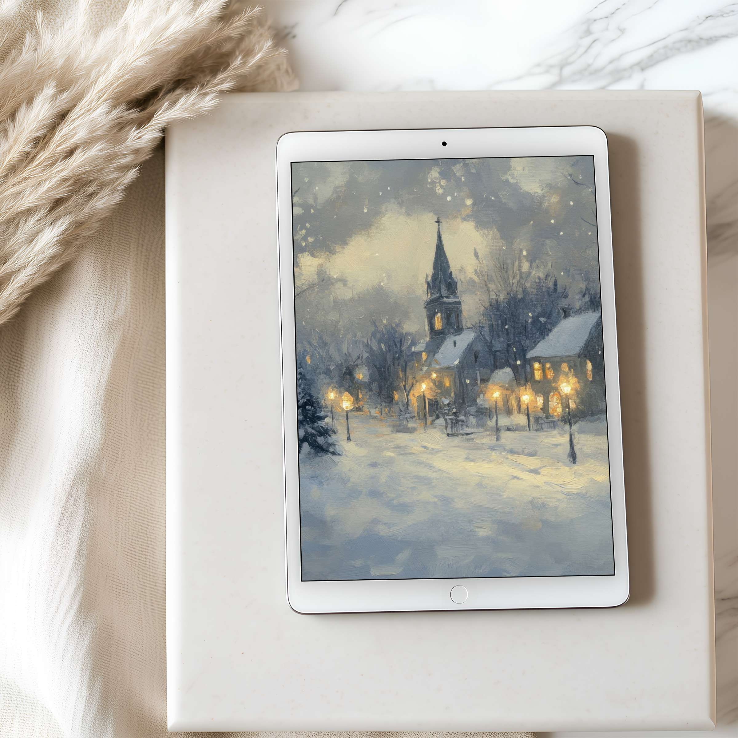Elegant tablet wallpaper of a serene snowy village at dusk, perfect for high-resolution iPad and Android devices, offers calming ambiance