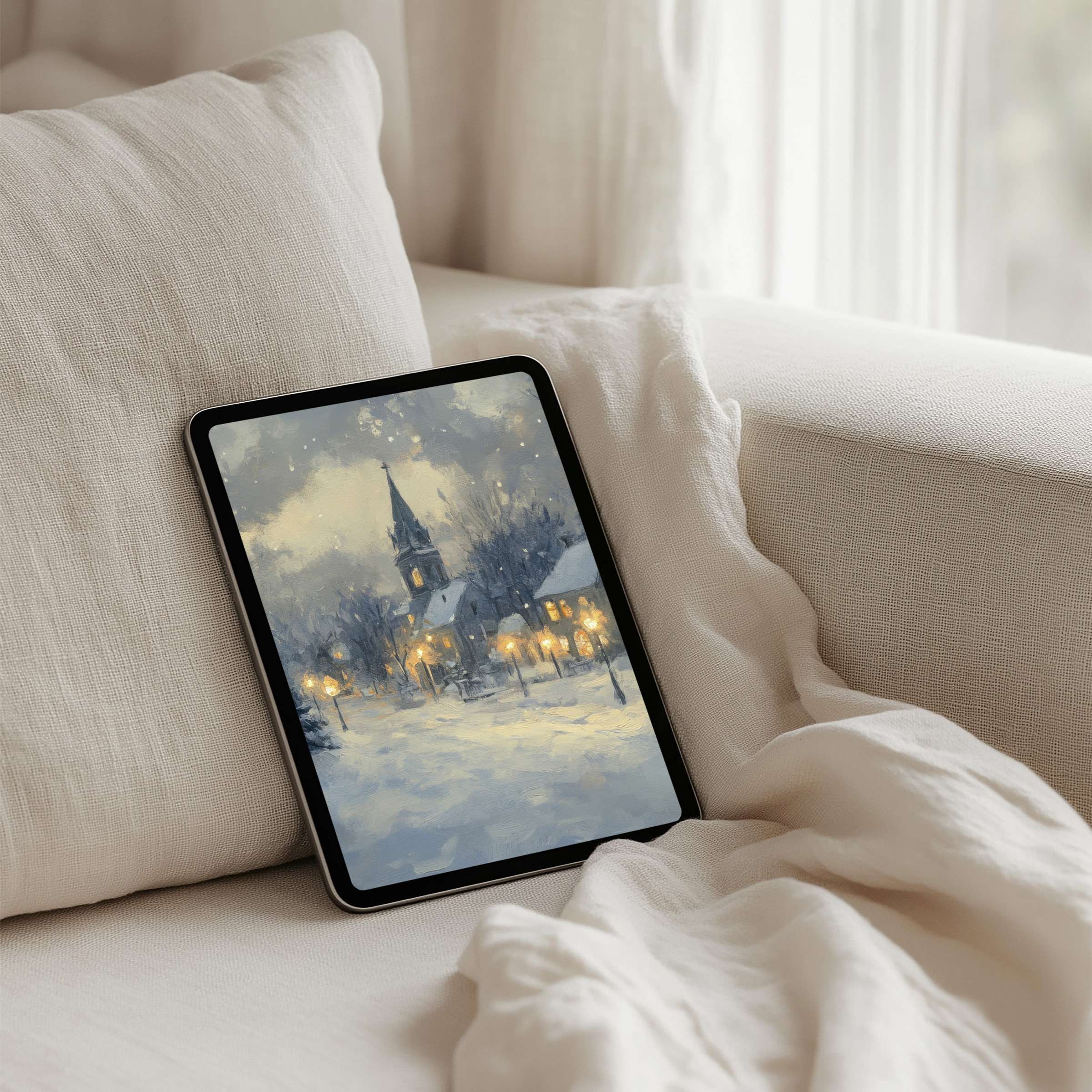 Elegant winter landscape iPad background with soft pastel hues offers mindfulness and calm for instant download on any tablet