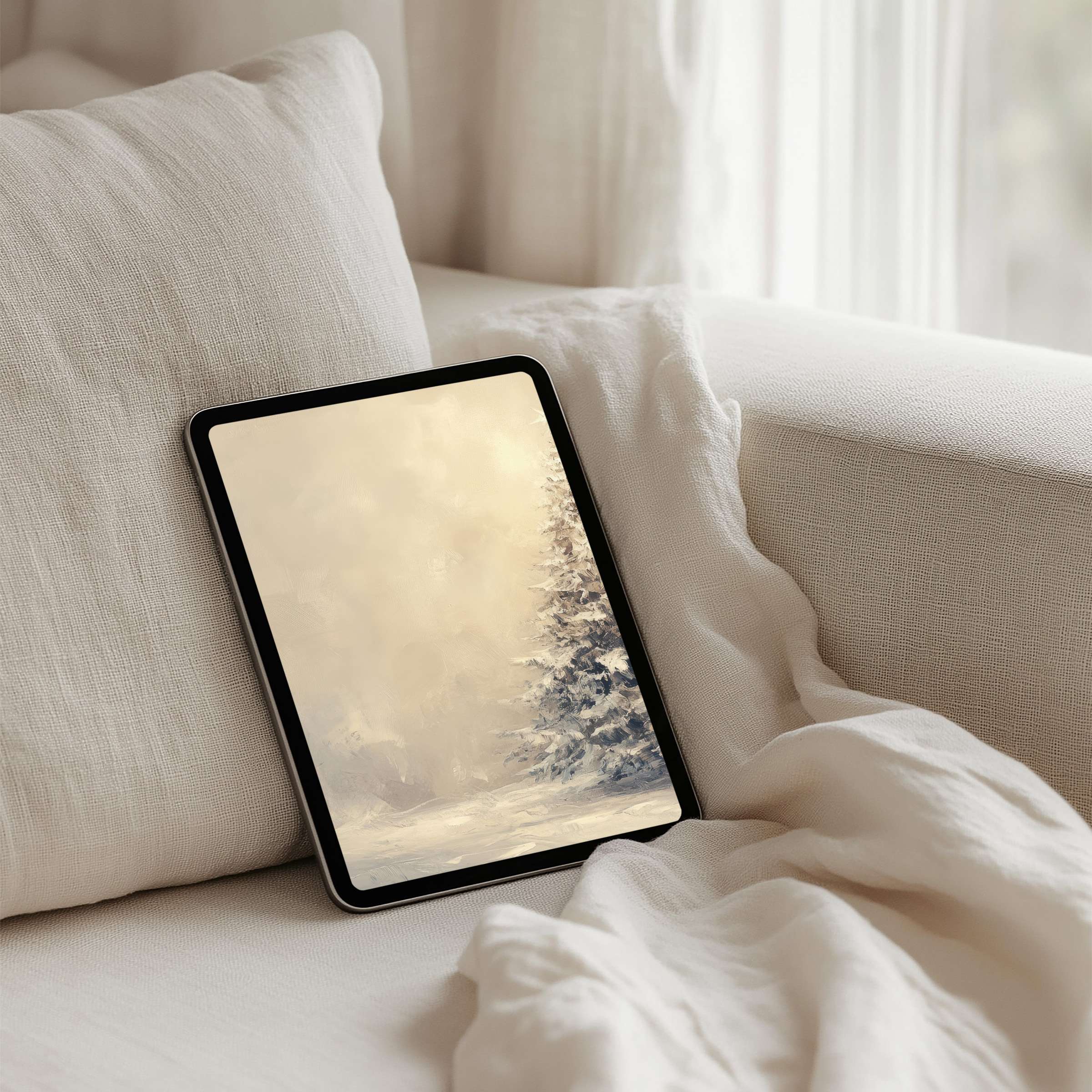 Serene winter scene iPad background for instant download, perfect for any tablet, adds calm elegance to your digital space